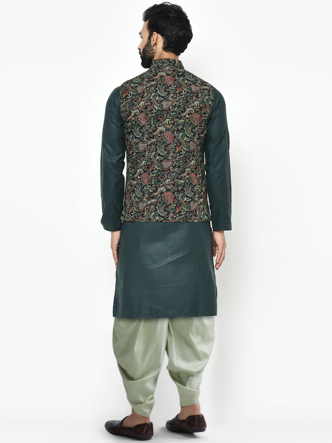 Multi-Coloured Cotton Silk Printed Nehru Jacket Kurta Dhoti - Image 4
