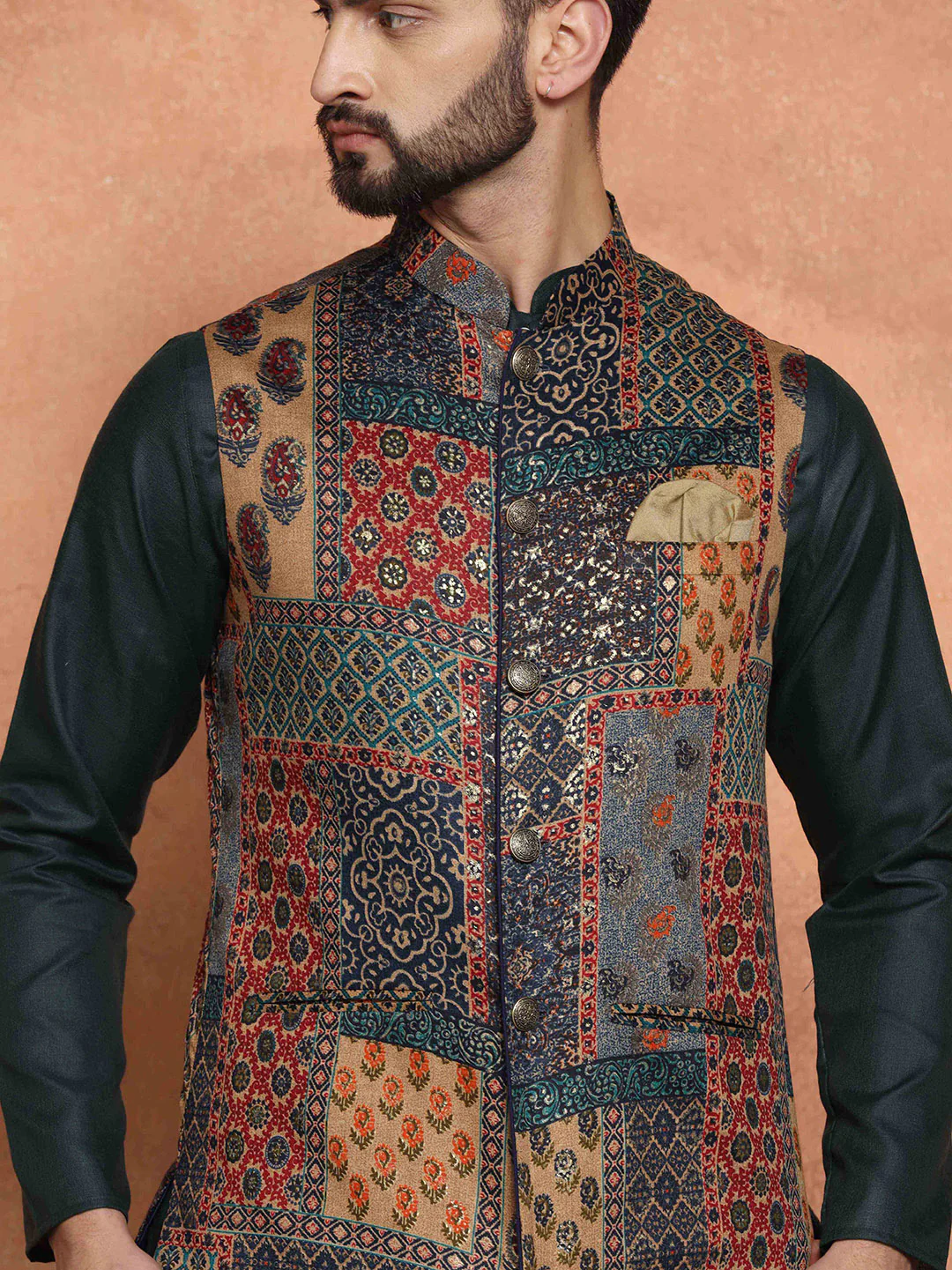 Dark Green Cotton Silk Multi-Printed Nehru Jacket Kurta Dhoti - Image 5