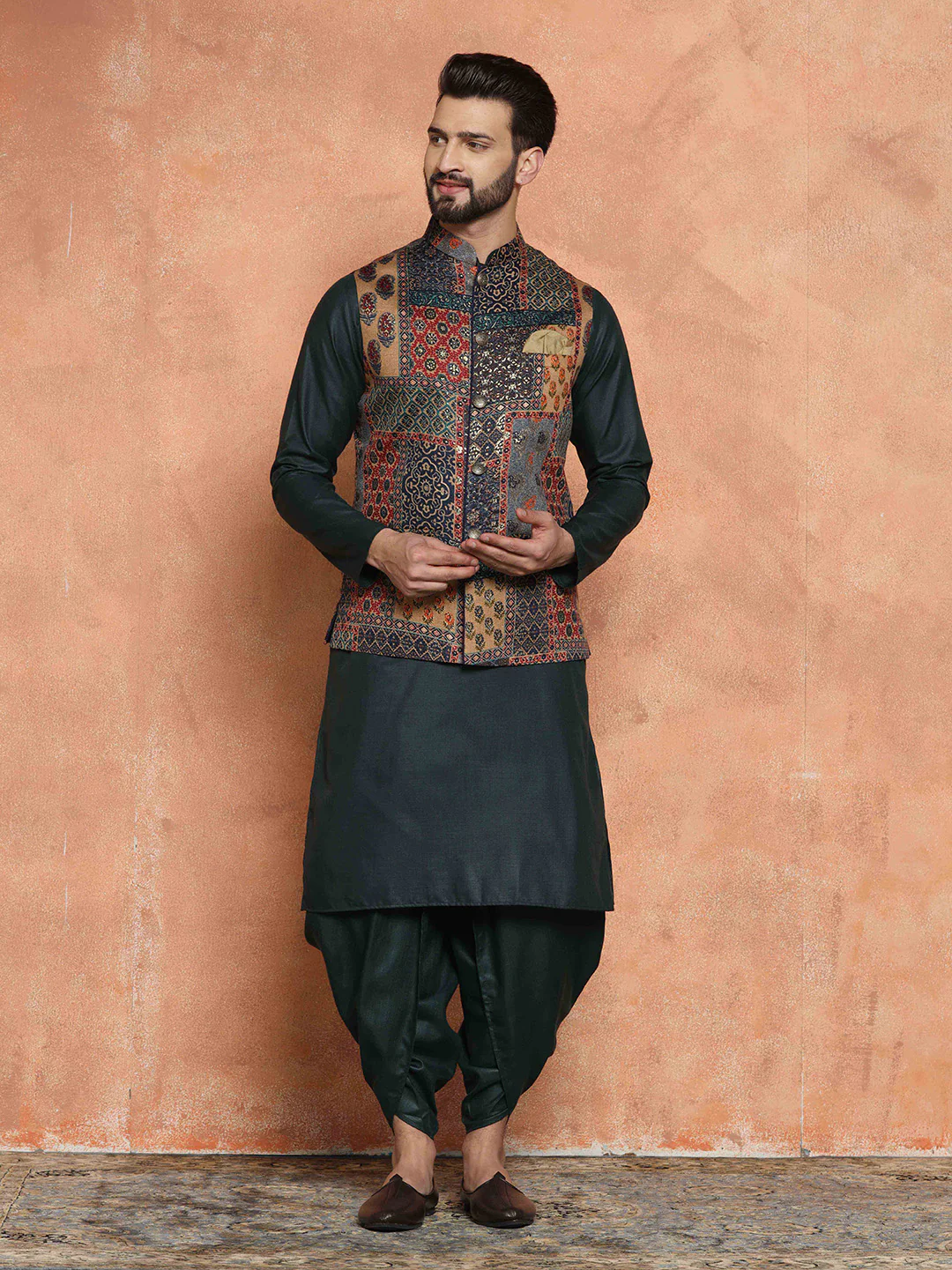 Dark Green Cotton Silk Multi-Printed Nehru Jacket Kurta Dhoti - Image 7