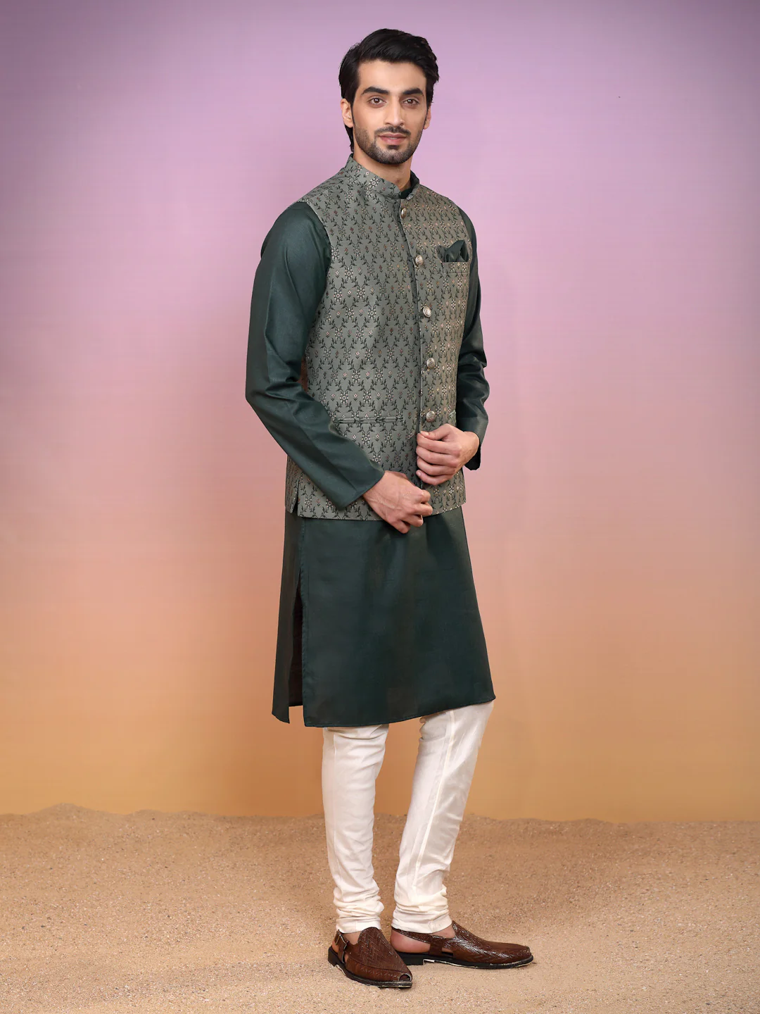 Green Jacquard Silk Blend Nehru Jacket Kurta Churidar Set - Image 2