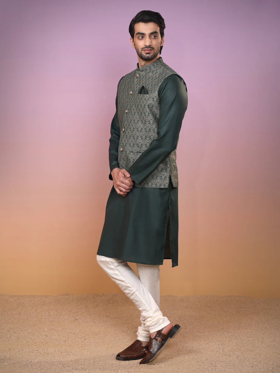 Green Jacquard Silk Blend Nehru Jacket Kurta Churidar Set - Image 3