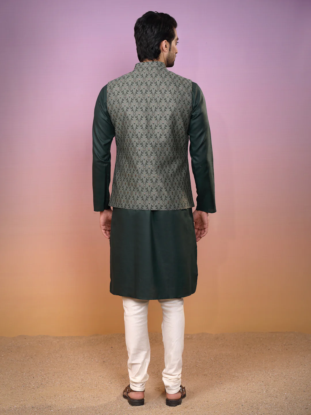 Green Jacquard Silk Blend Nehru Jacket Kurta Churidar Set - Image 4