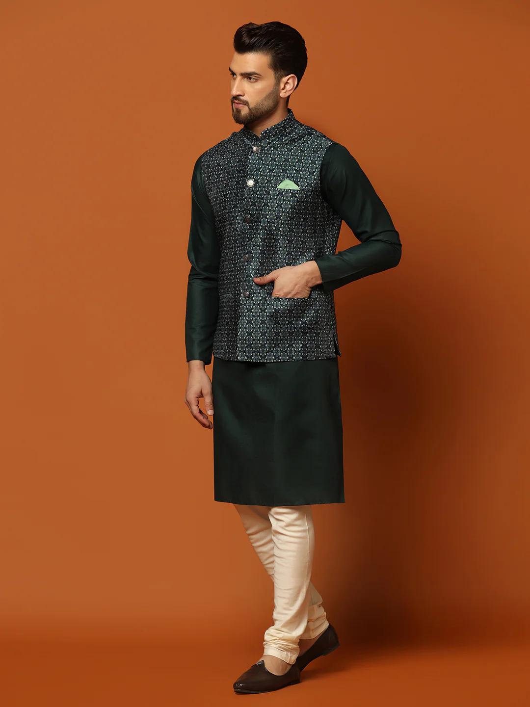Men's Teal Kurta Jacket Churidar Set - Image 3