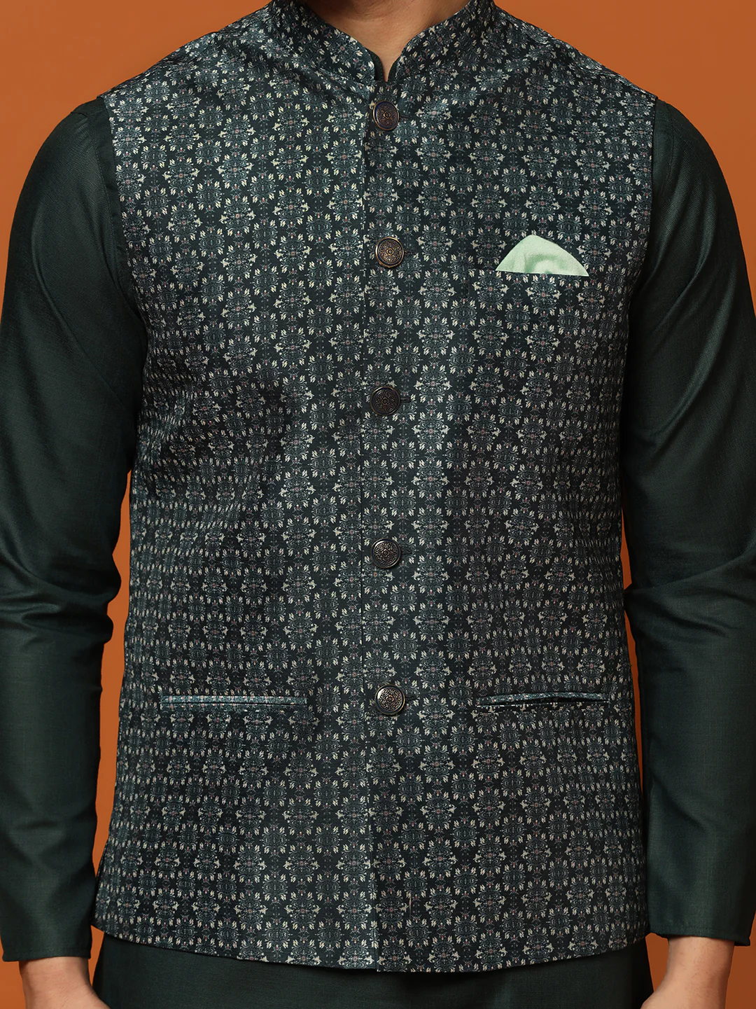 Men's Teal Kurta Jacket Churidar Set - Image 6