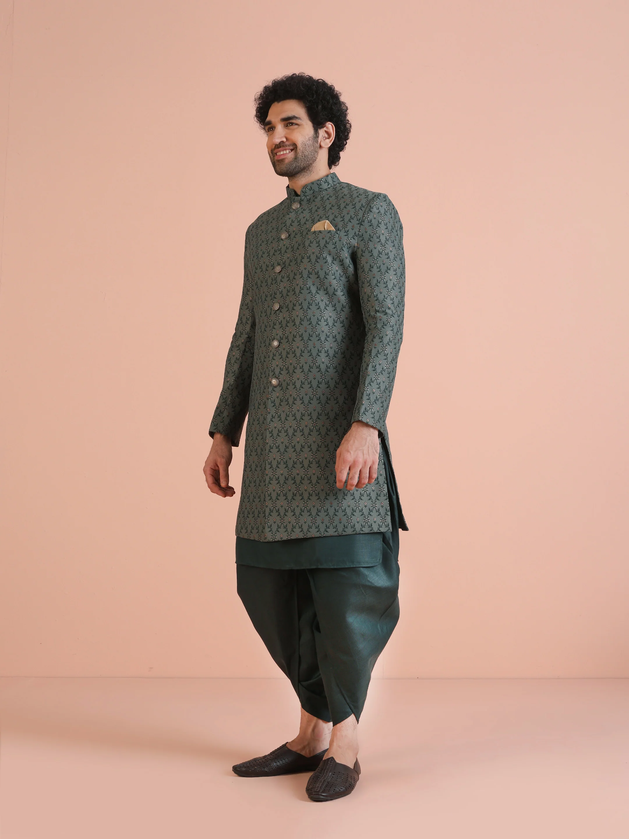 Bottle Green Cotton Silk Textured Indowestern Sherwani Kurta Dhoti - Image 3
