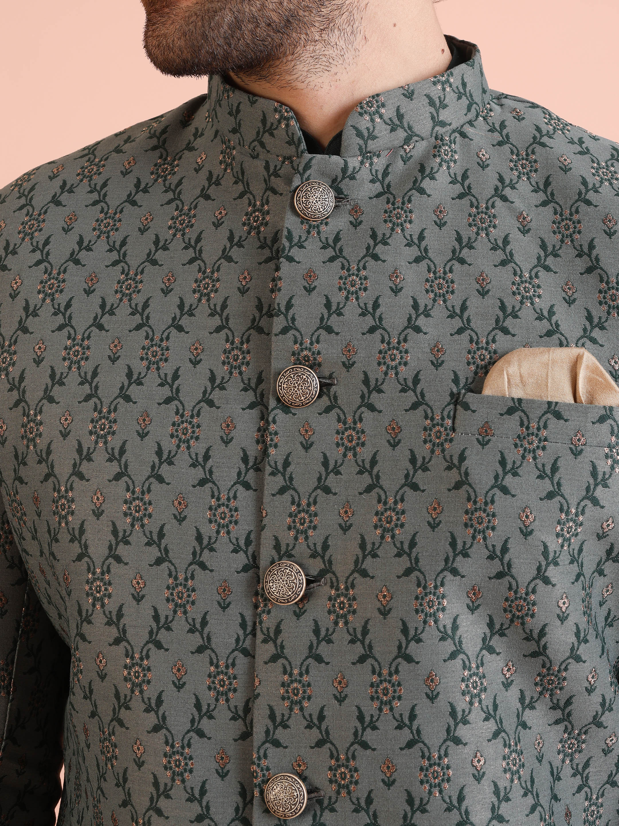 Bottle Green Cotton Silk Textured Indowestern Sherwani Kurta Dhoti - Image 5