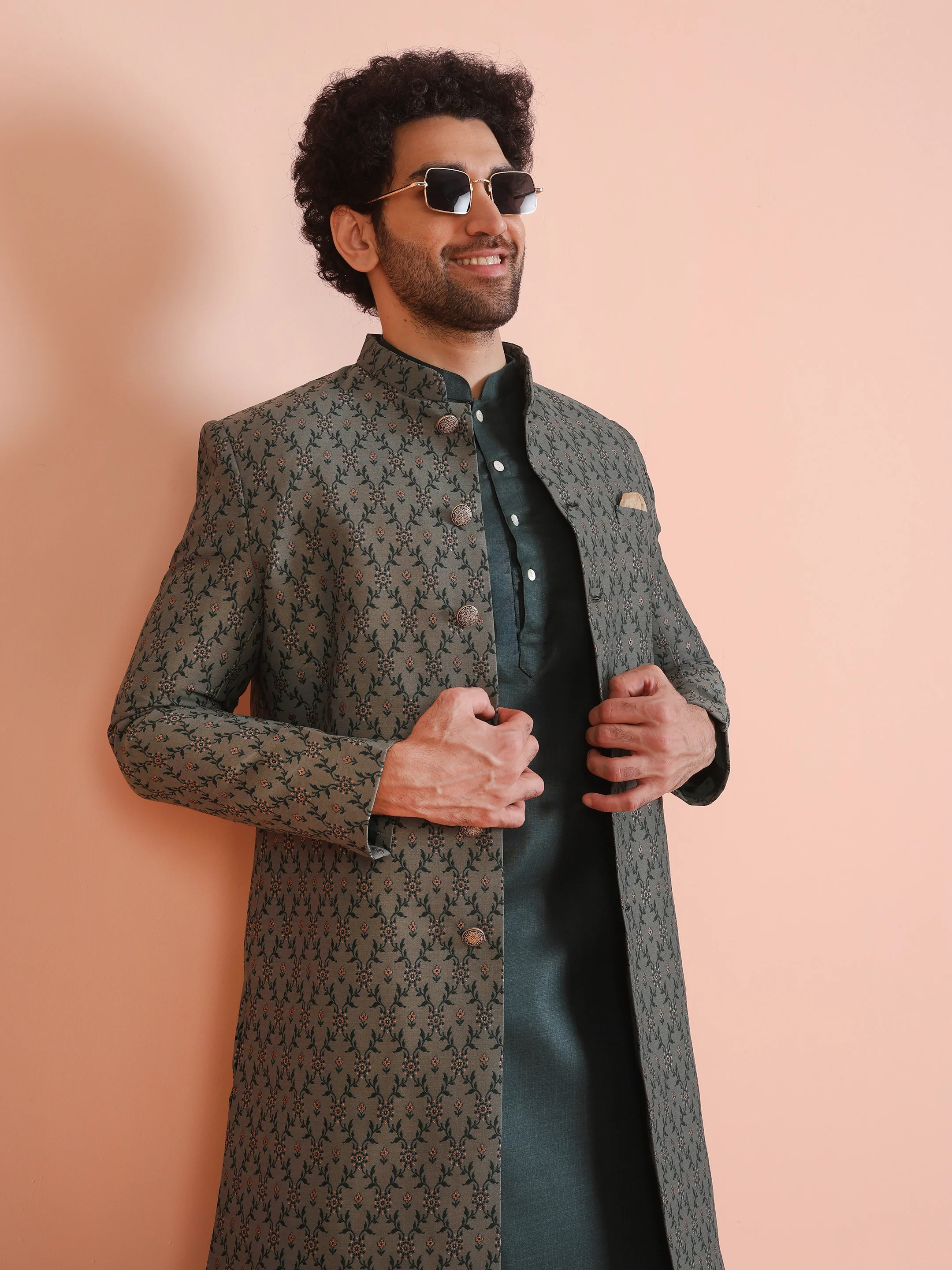 Bottle Green Cotton Silk Textured Indowestern Sherwani Kurta Dhoti - Image 8
