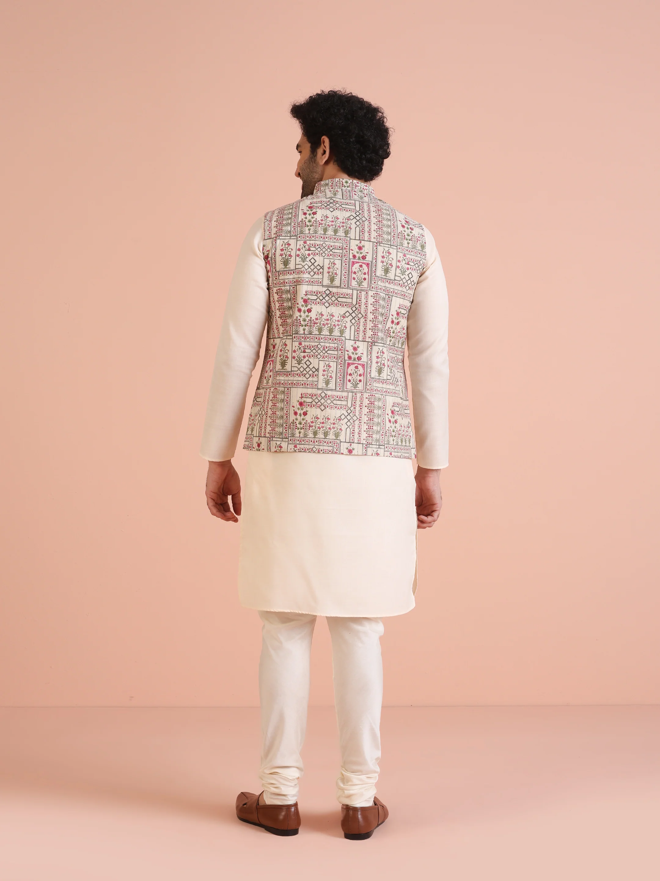 White Printed Jacket Pink Kurta Churidar Set - Image 4
