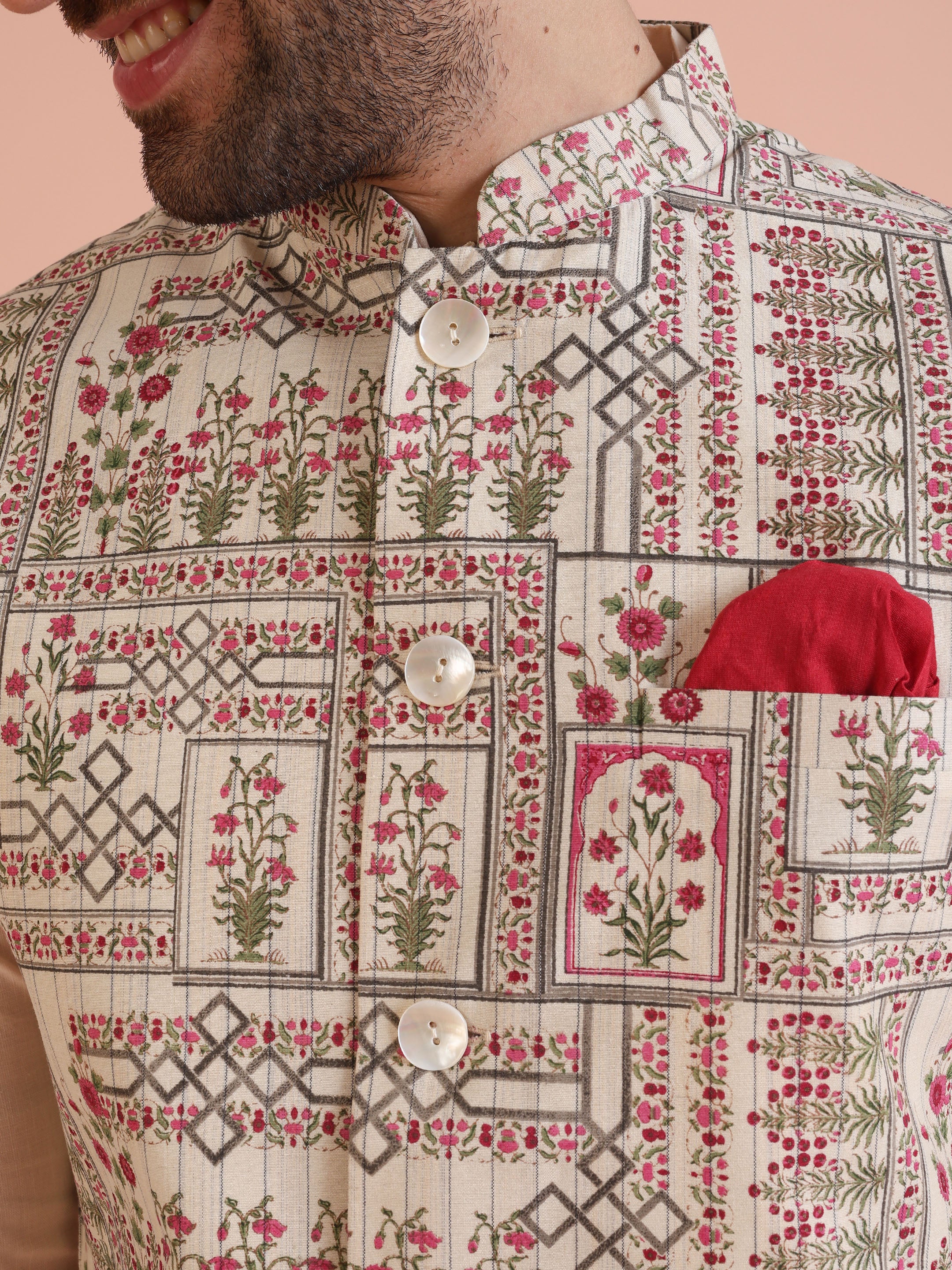 White Printed Jacket Pink Kurta Churidar Set - Image 5
