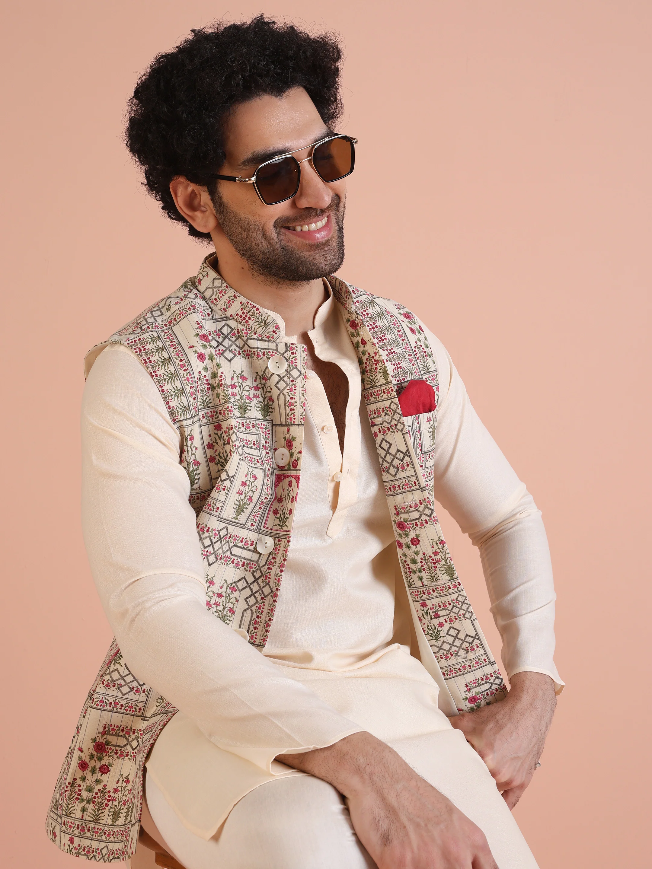 White Printed Jacket Pink Kurta Churidar Set - Image 8