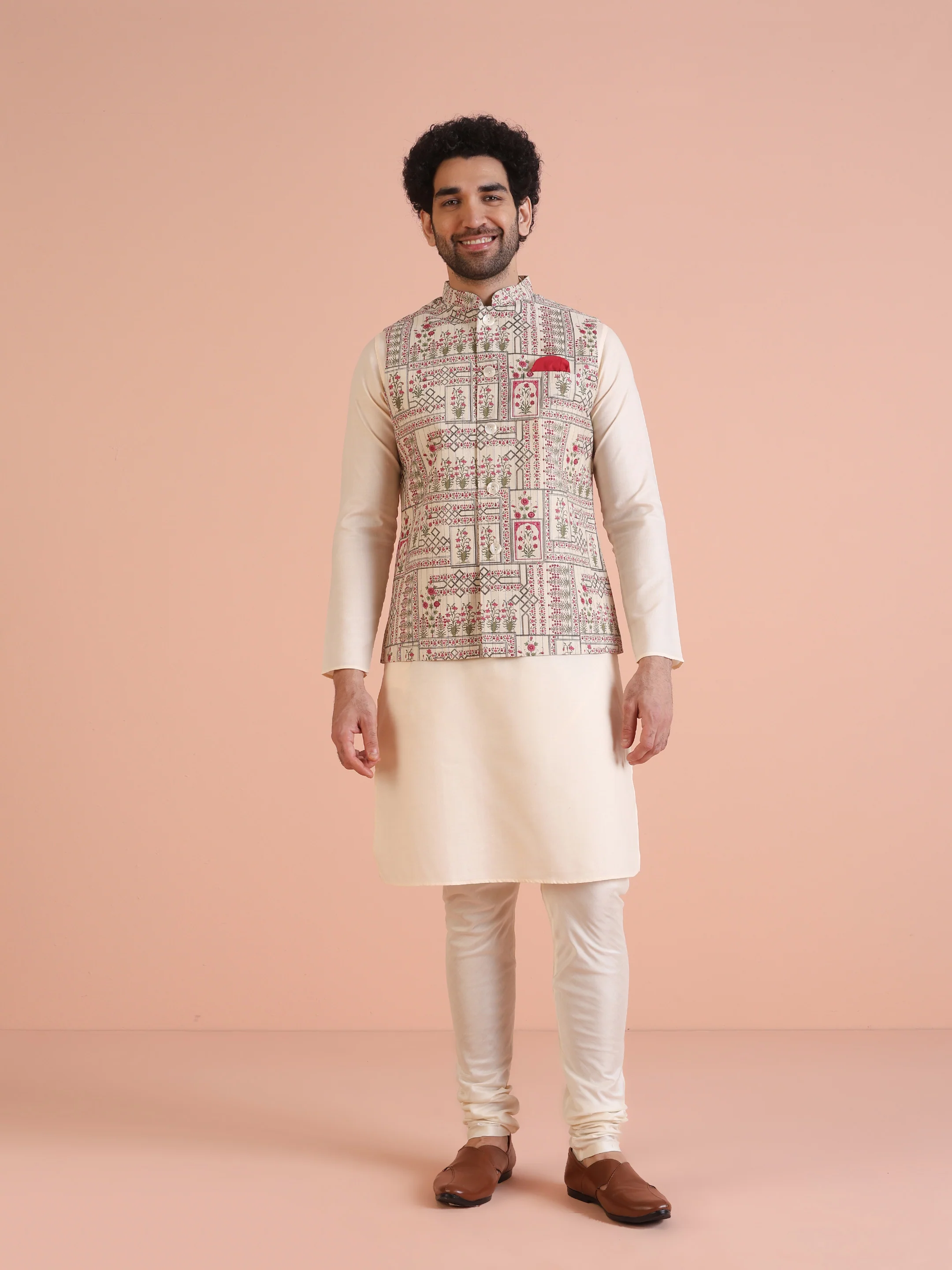 White Printed Jacket Pink Kurta Churidar Set - Image 9