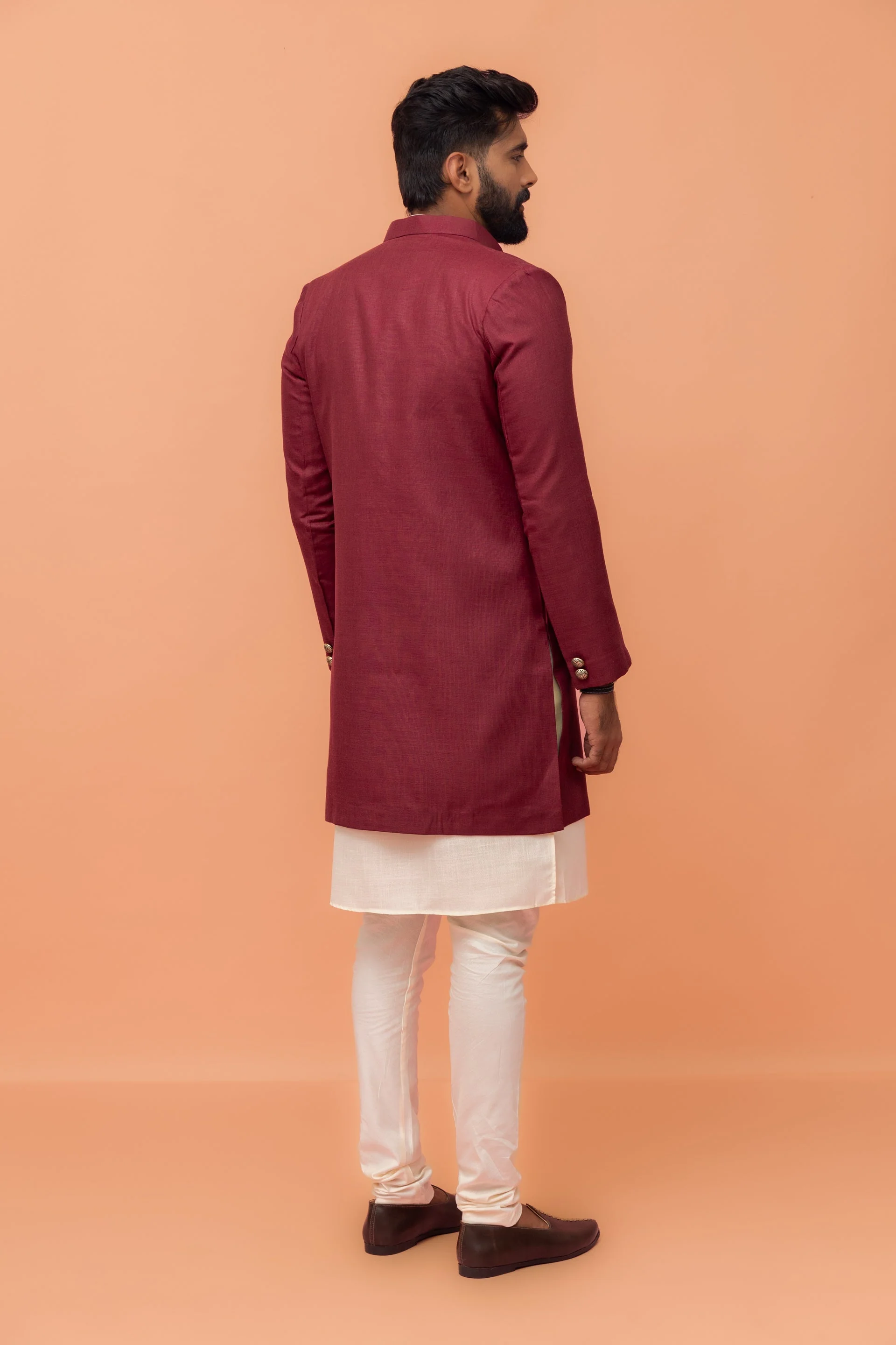 Wine Cotton Silk Sherwani Kurta Churidar Set - Image 10