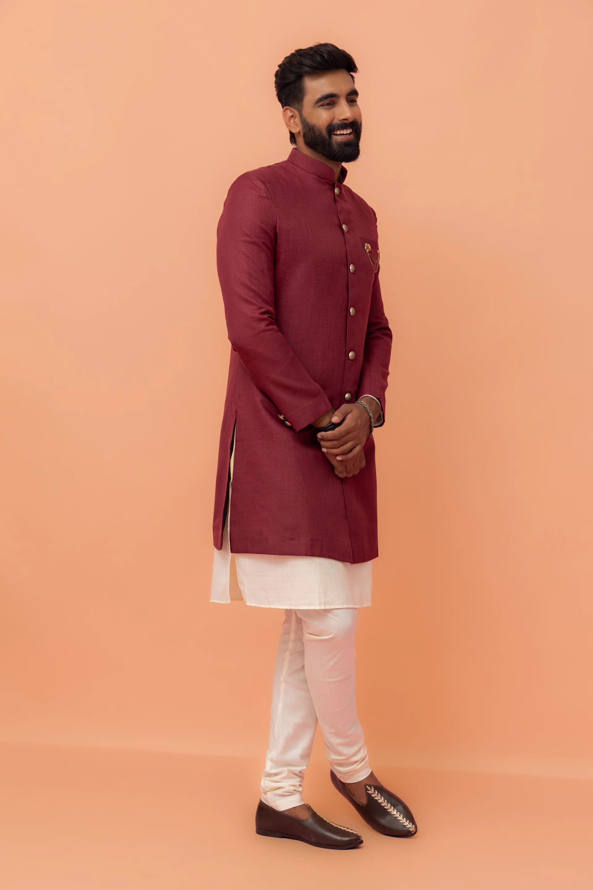 Wine Cotton Silk Sherwani Kurta Churidar Set - Image 3