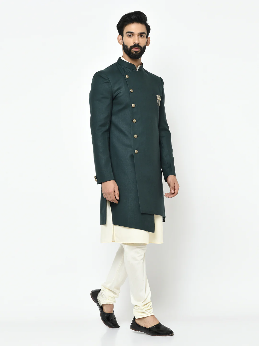 Green Silk Blend Solid Sherwani Achkan Churidar - Image 3