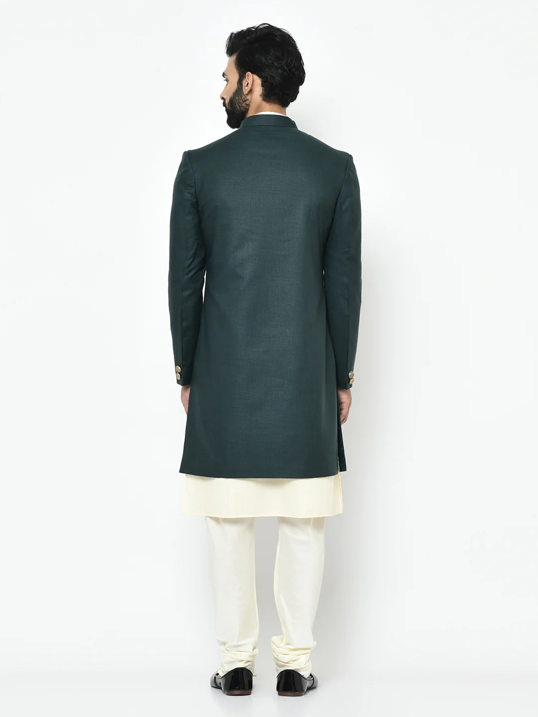 Green Silk Blend Solid Sherwani Achkan Churidar - Image 4