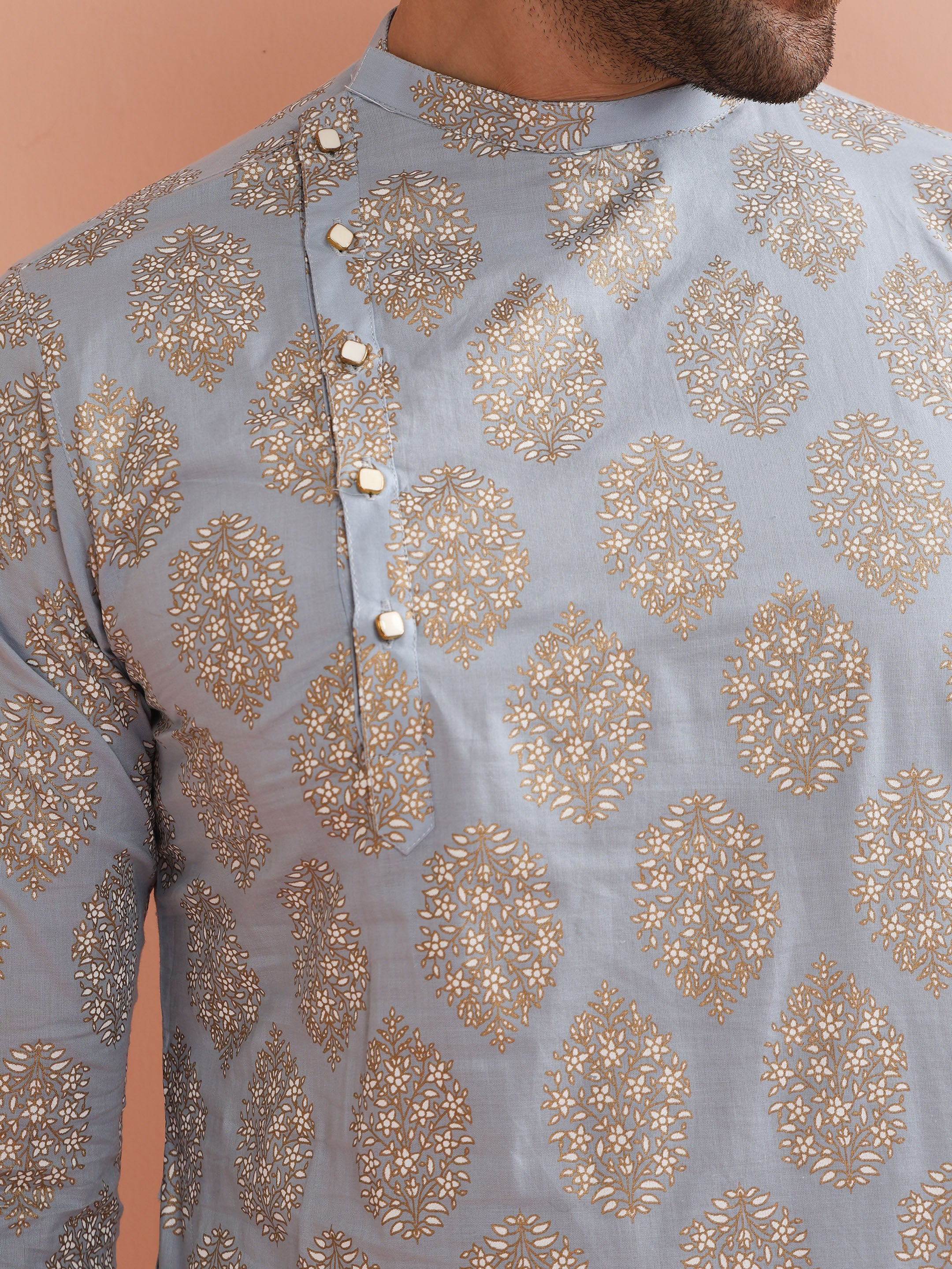 Light Blue Silk Blend Printed Kurta - Image 2
