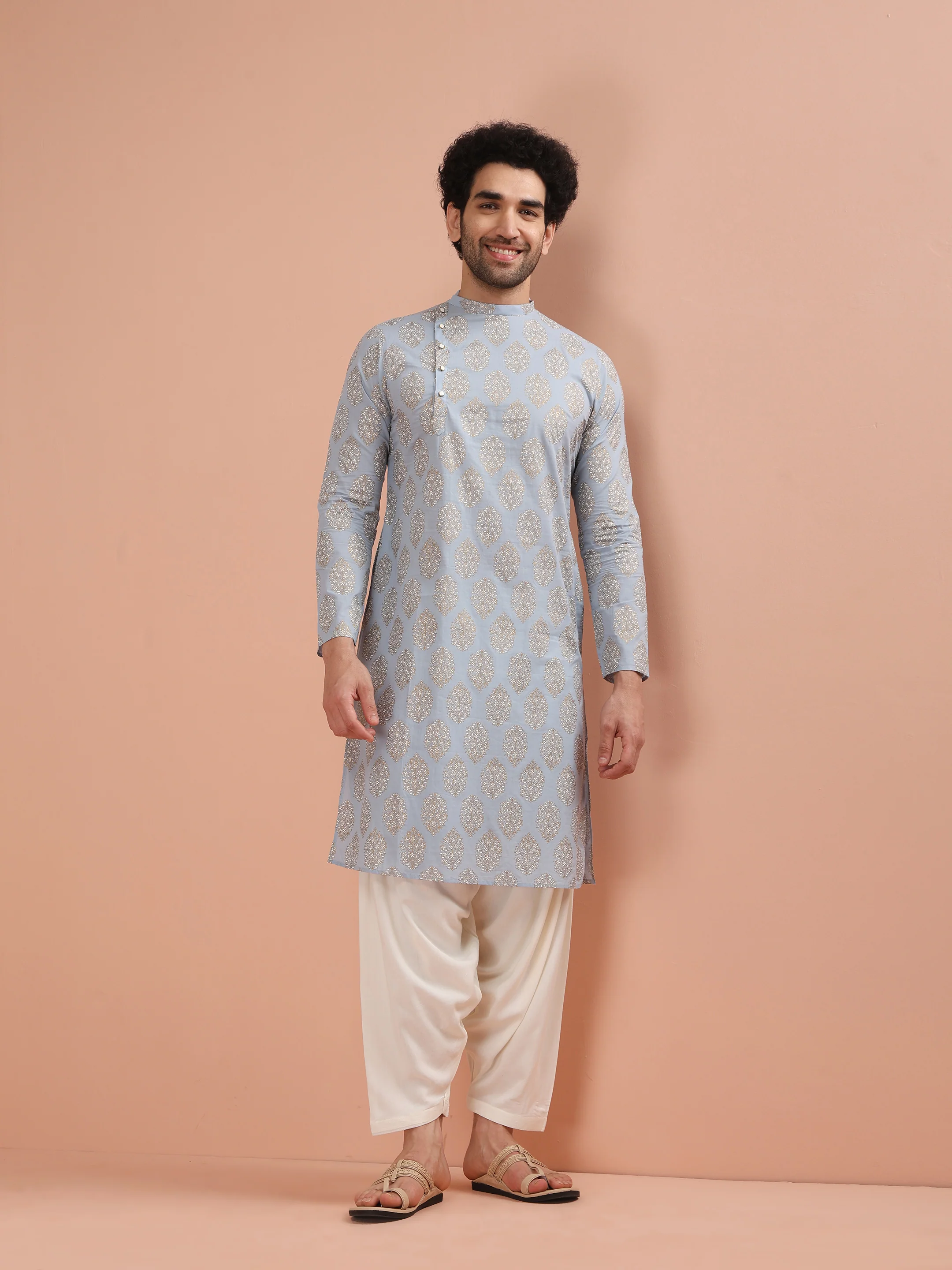 Light Blue Silk Blend Printed Kurta - Image 6