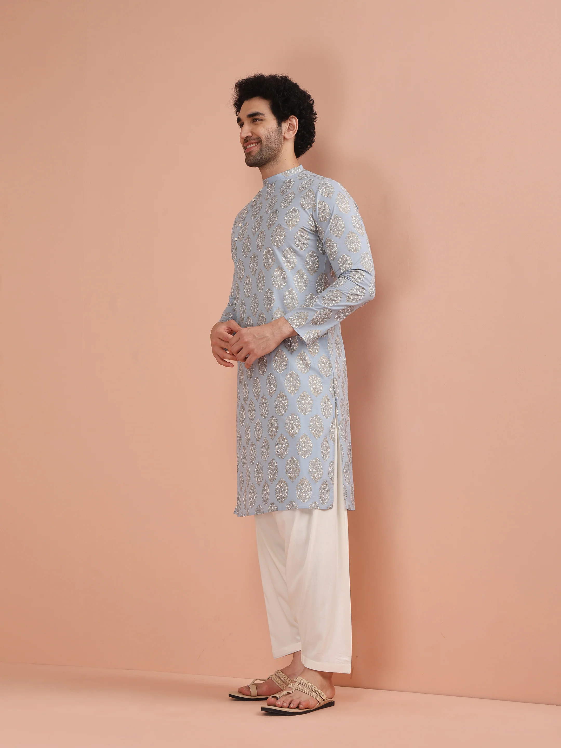 Sky Blue Printed Kurta Cream Patiala Set - Image 2