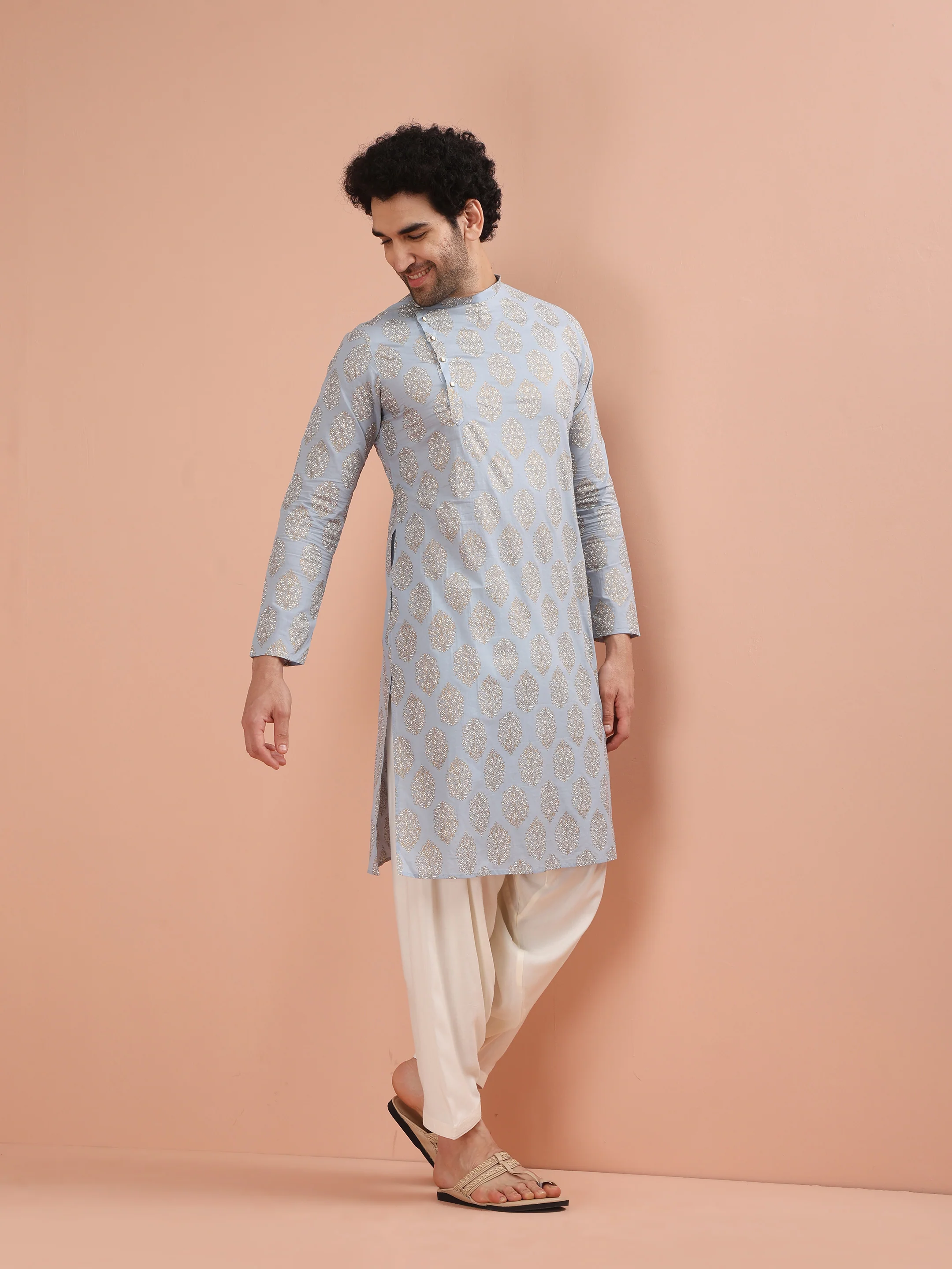 Sky Blue Printed Kurta Cream Patiala Set - Image 3