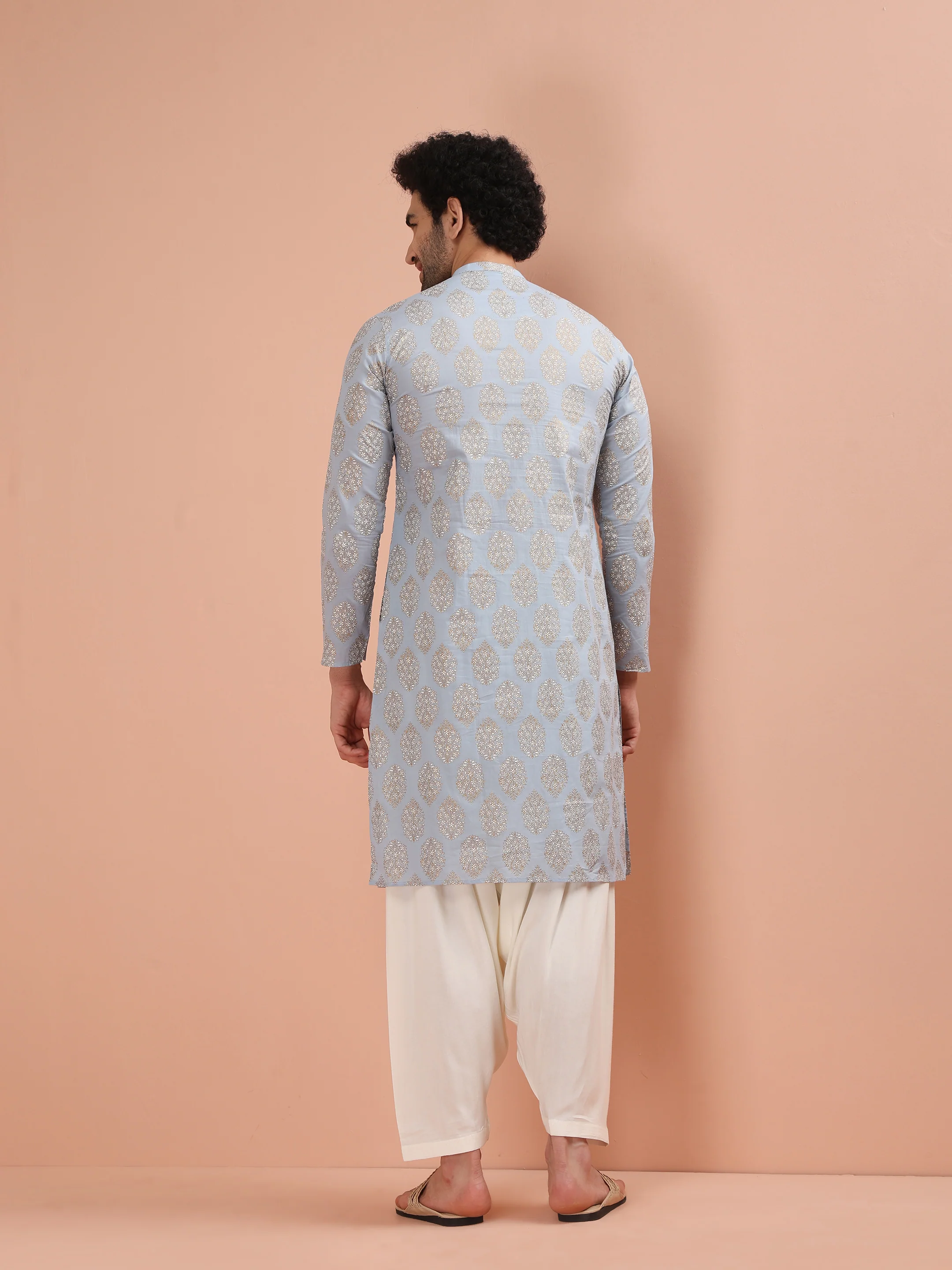 Sky Blue Printed Kurta Cream Patiala Set - Image 4