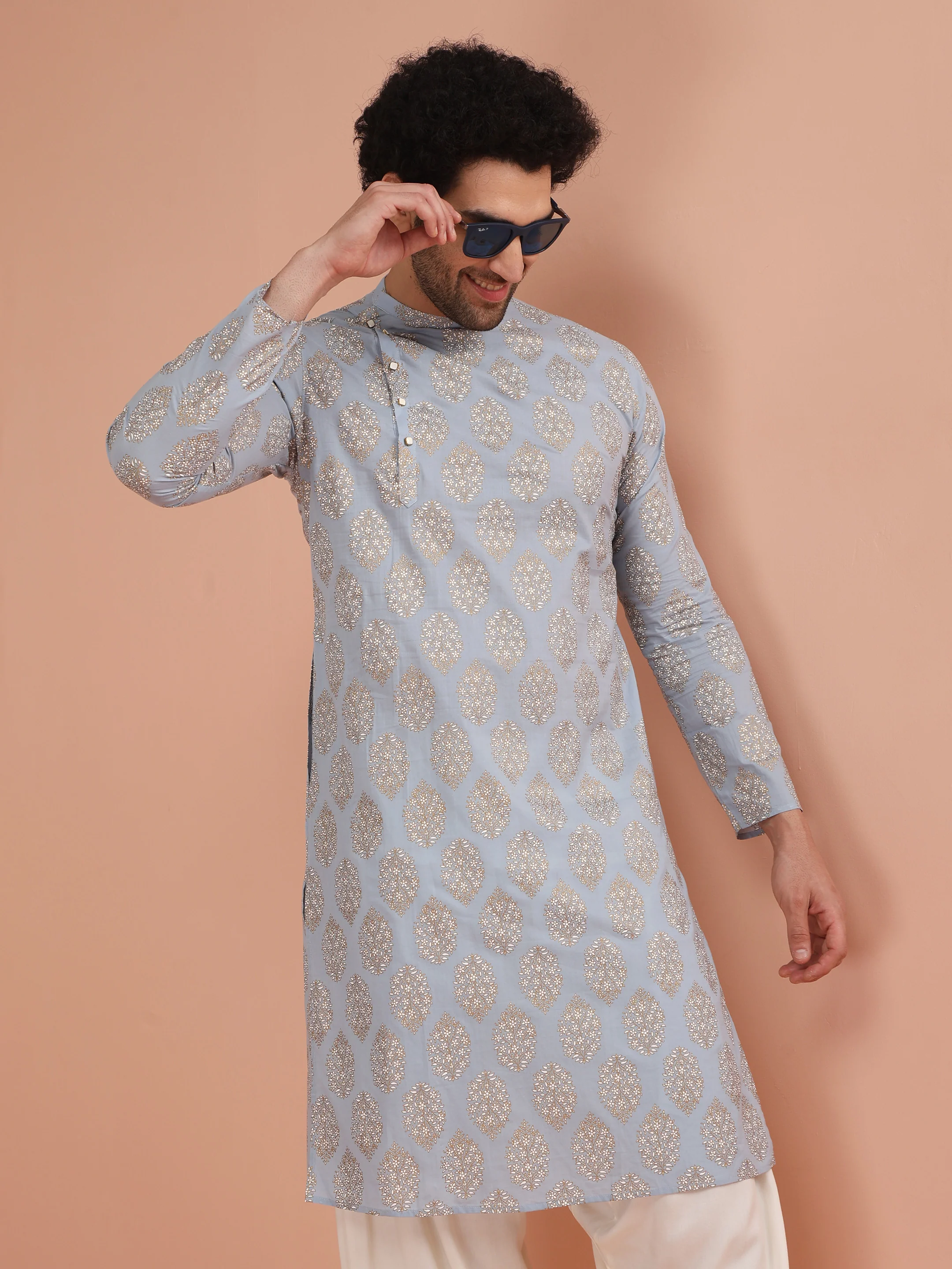 Sky Blue Printed Kurta Cream Patiala Set - Image 7