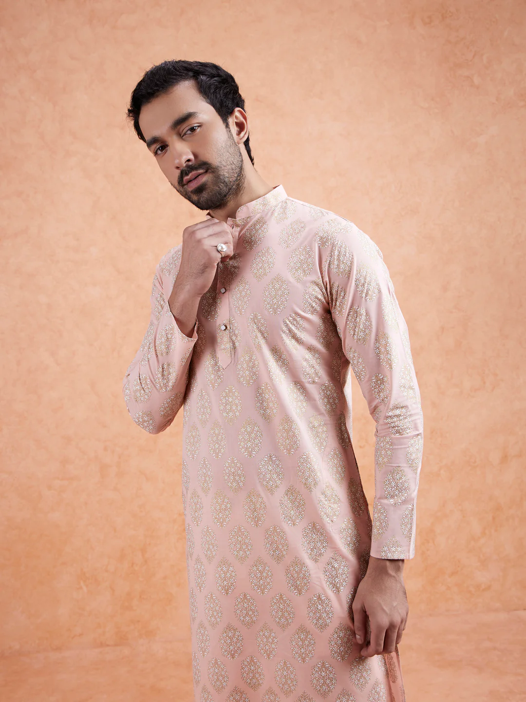 Pink Cotton Silk Woven Long Kurta - Image 2