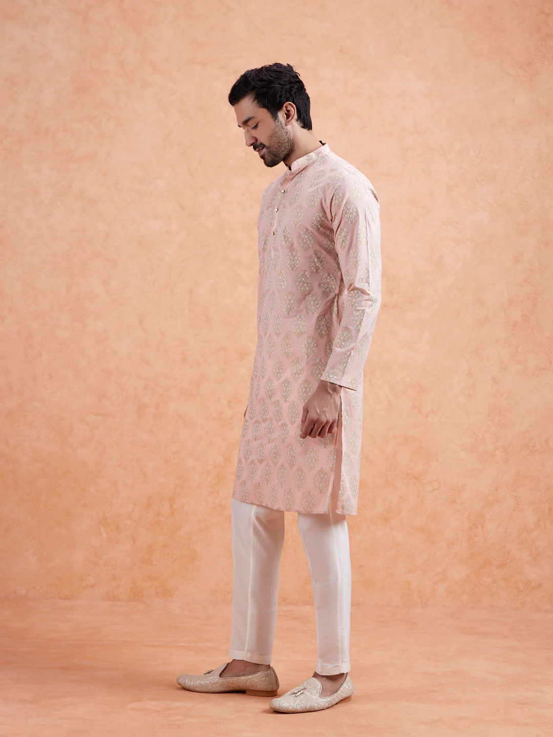 Pink Cotton Silk Woven Long Kurta - Image 3