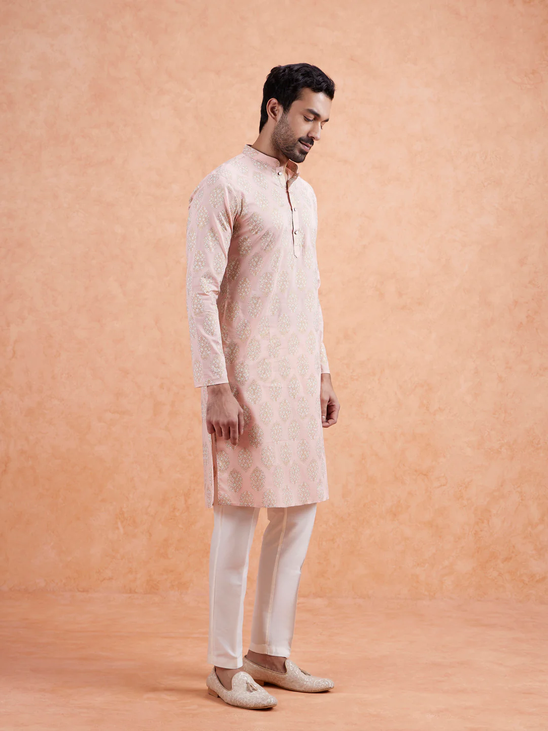 Pink Cotton Silk Woven Long Kurta - Image 4