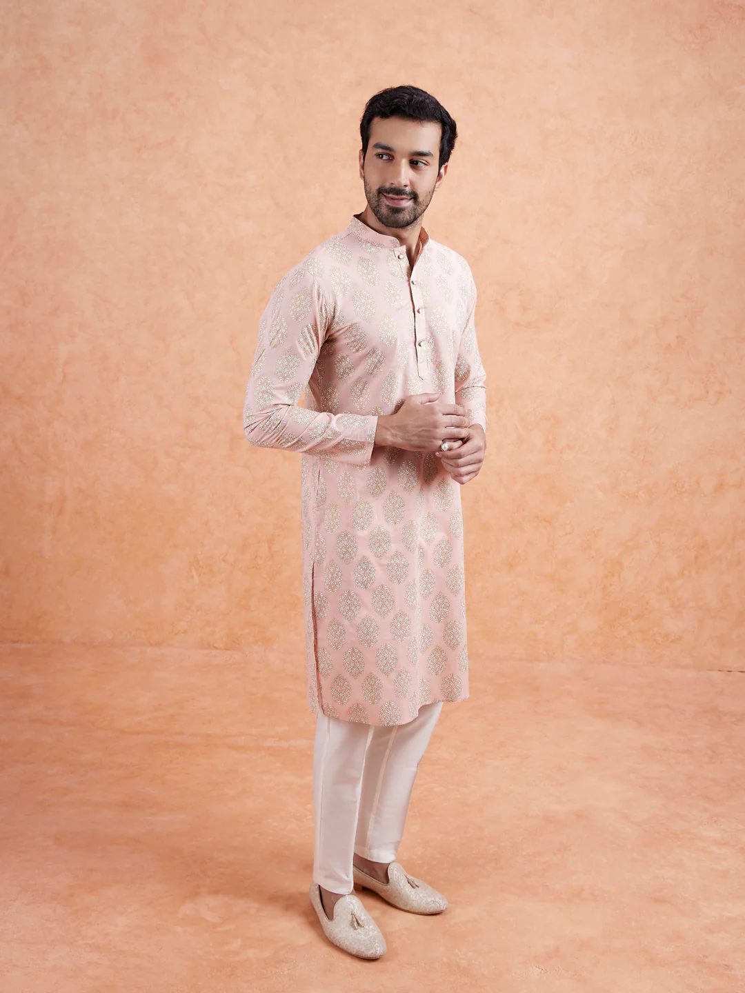 Pink Cotton Silk Woven Long Kurta - Image 5