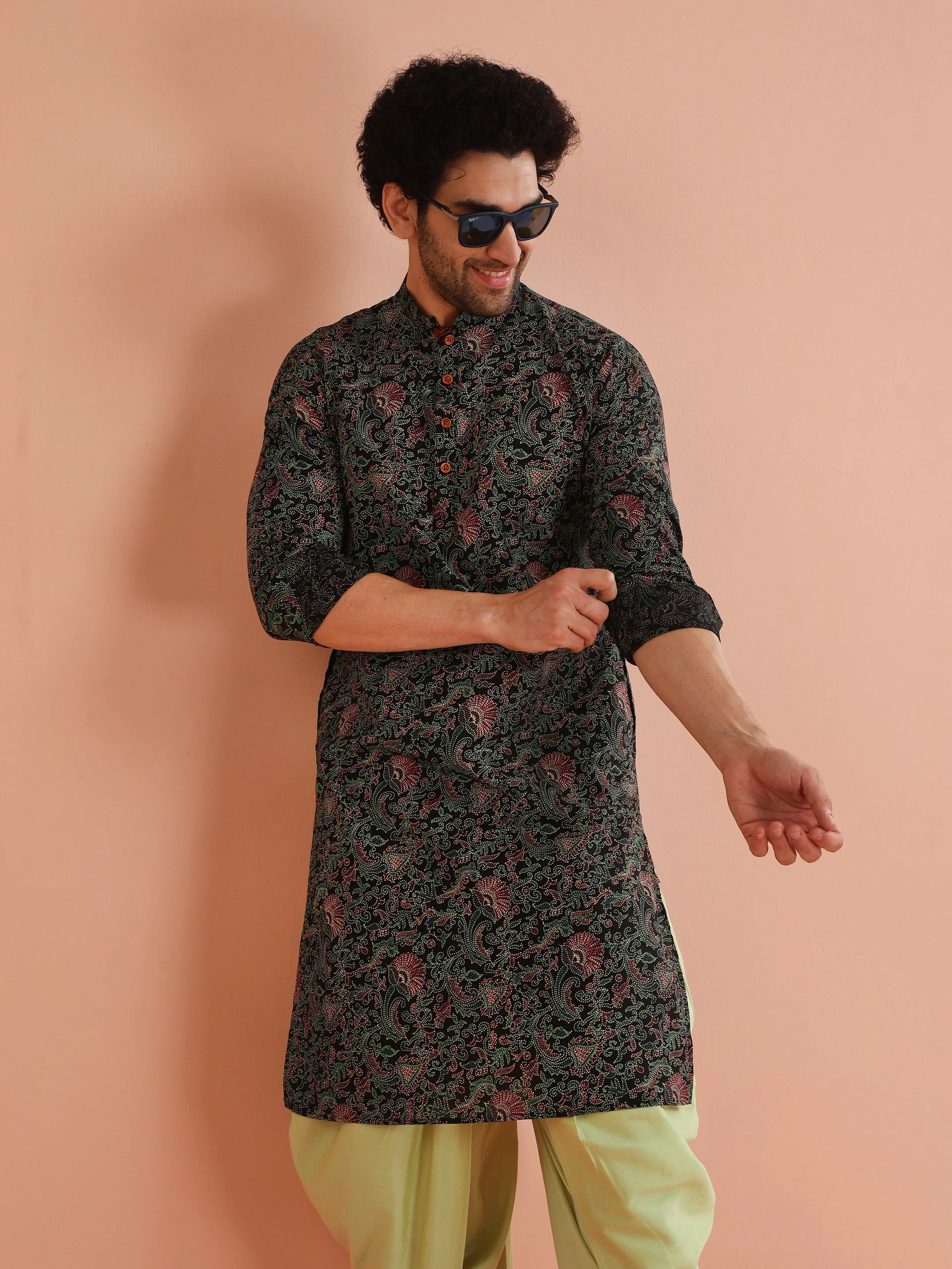 Men Black Multi-Color Paisley Printed Kurta Dhoti Set – Elegant Festive Wear - Image 11