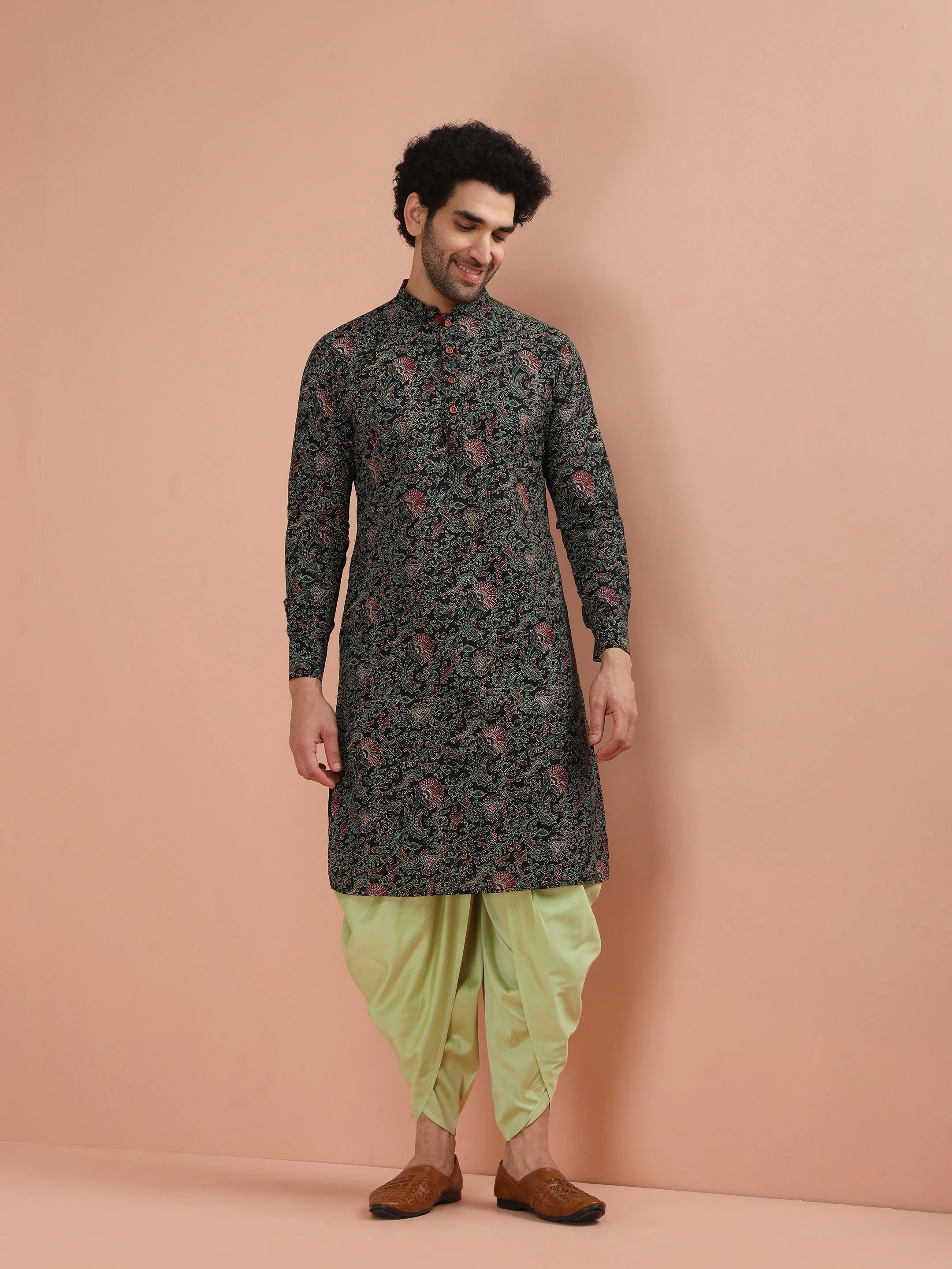 Men Black Multi-Color Paisley Printed Kurta Dhoti Set – Elegant Festive Wear - Image 12