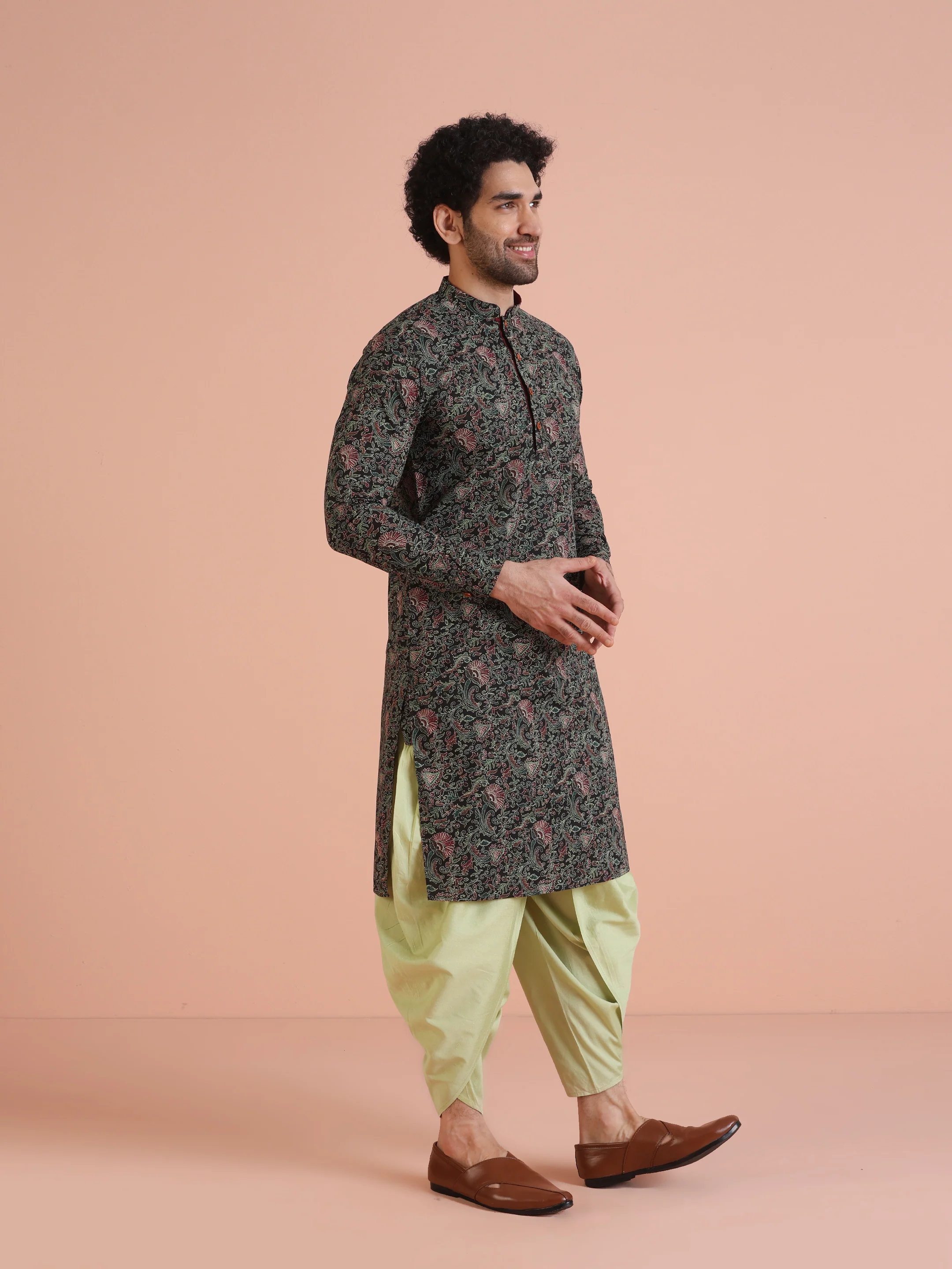 Men Black Multi-Color Paisley Printed Kurta Dhoti Set – Elegant Festive Wear - Image 3