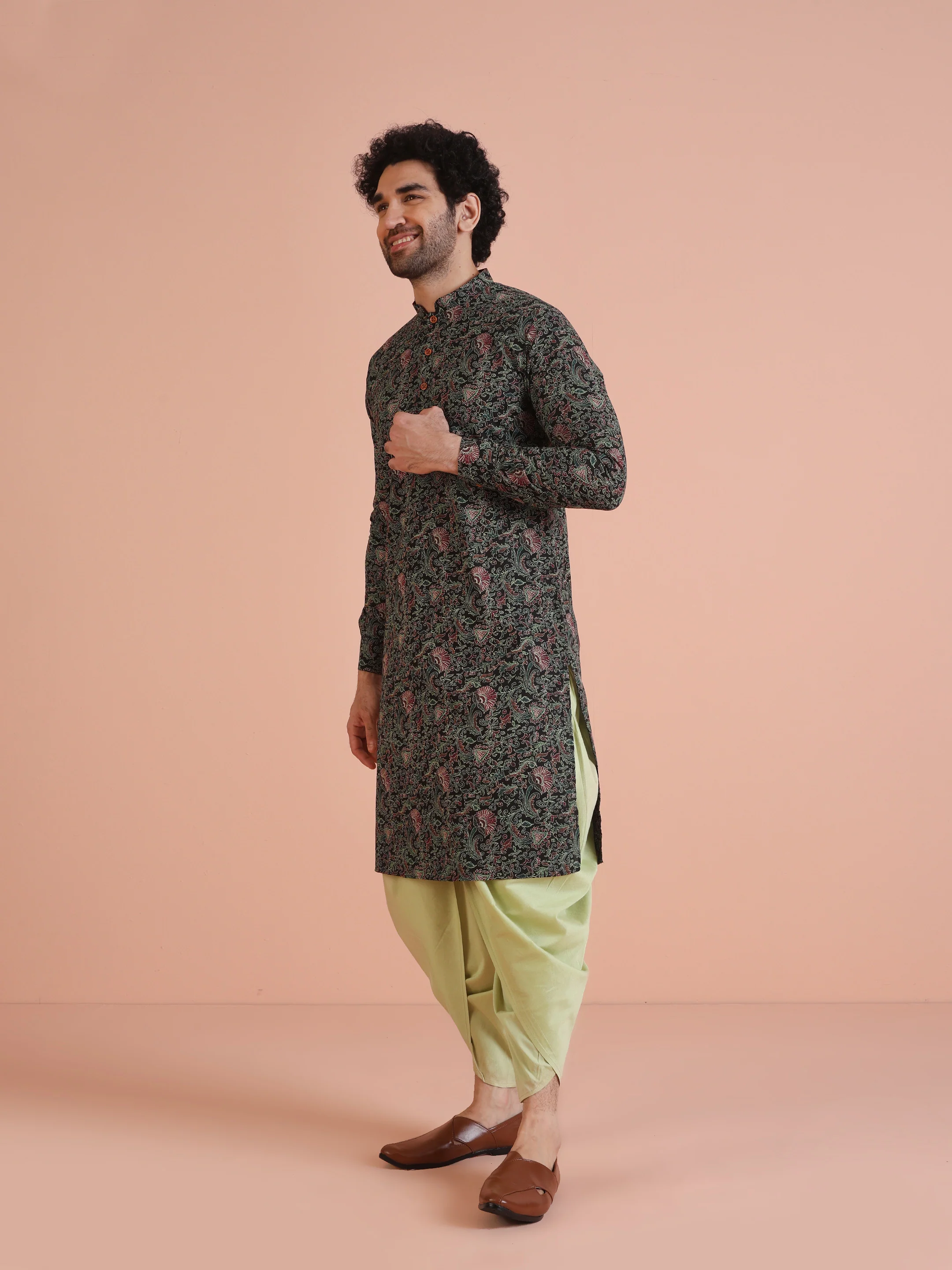 Men Black Multi-Color Paisley Printed Kurta Dhoti Set – Elegant Festive Wear - Image 4