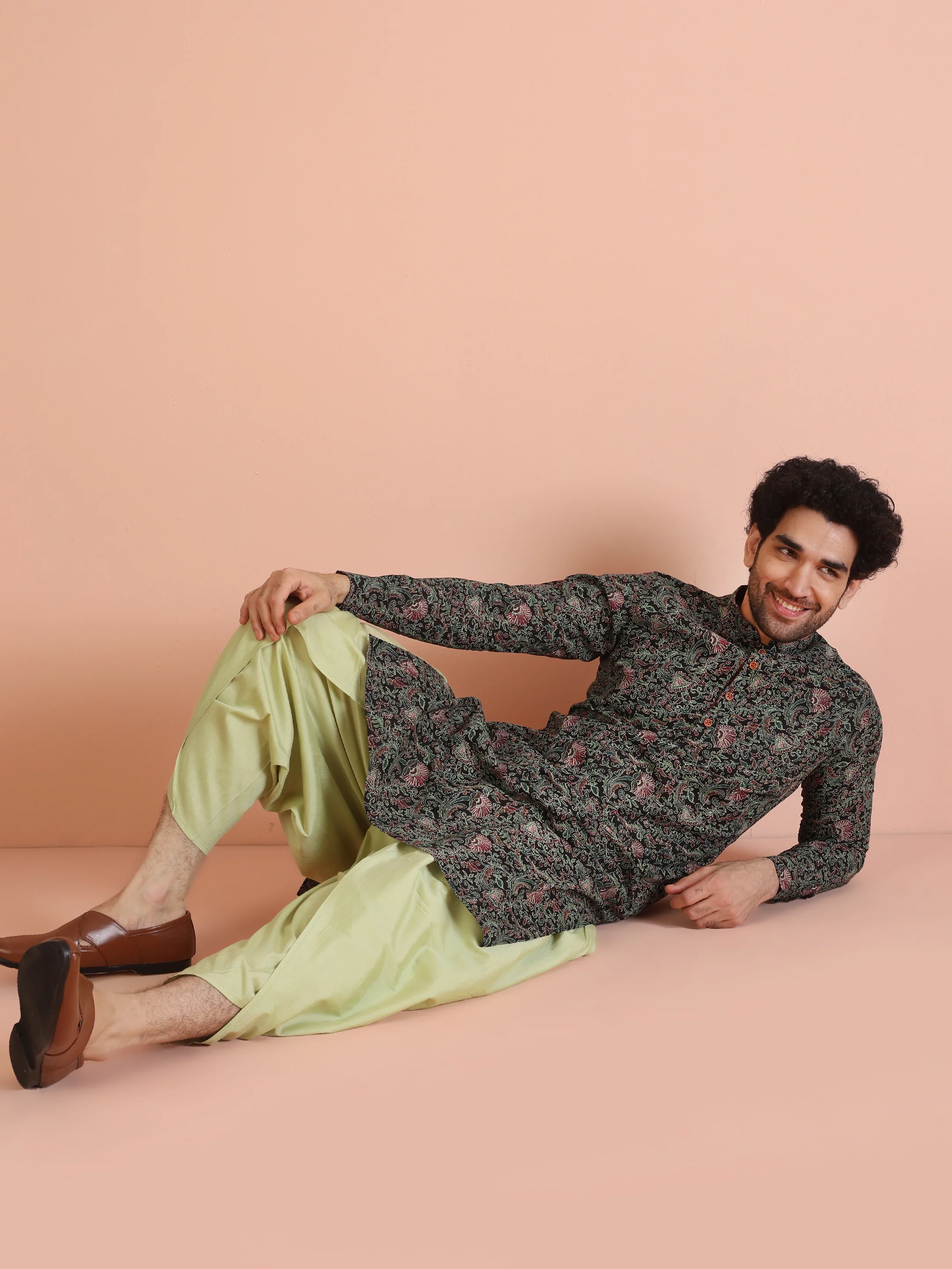 Men Black Multi-Color Paisley Printed Kurta Dhoti Set – Elegant Festive Wear - Image 9
