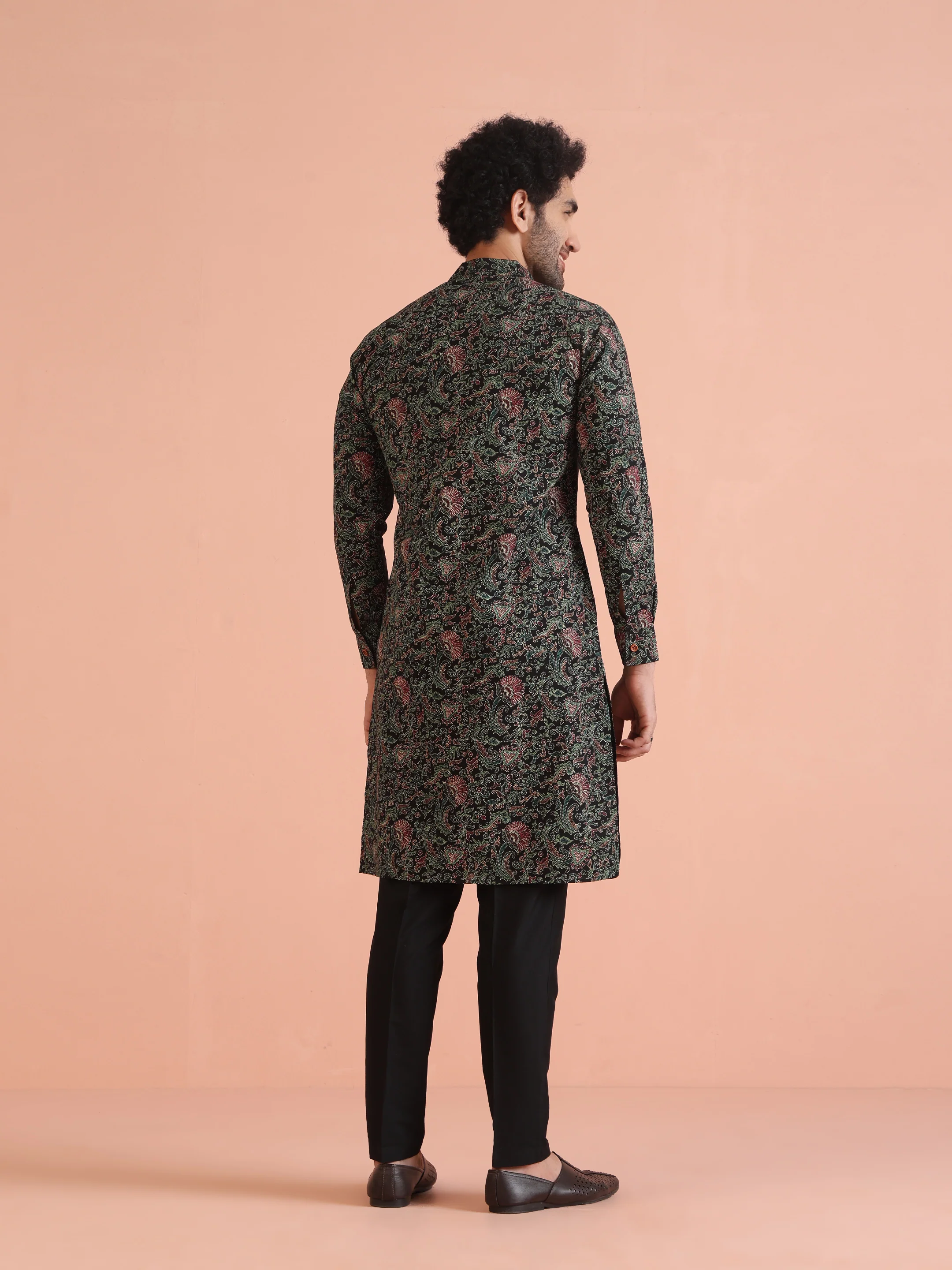 Black Printed Cotton Silk Kurta Trouser Set - Image 4