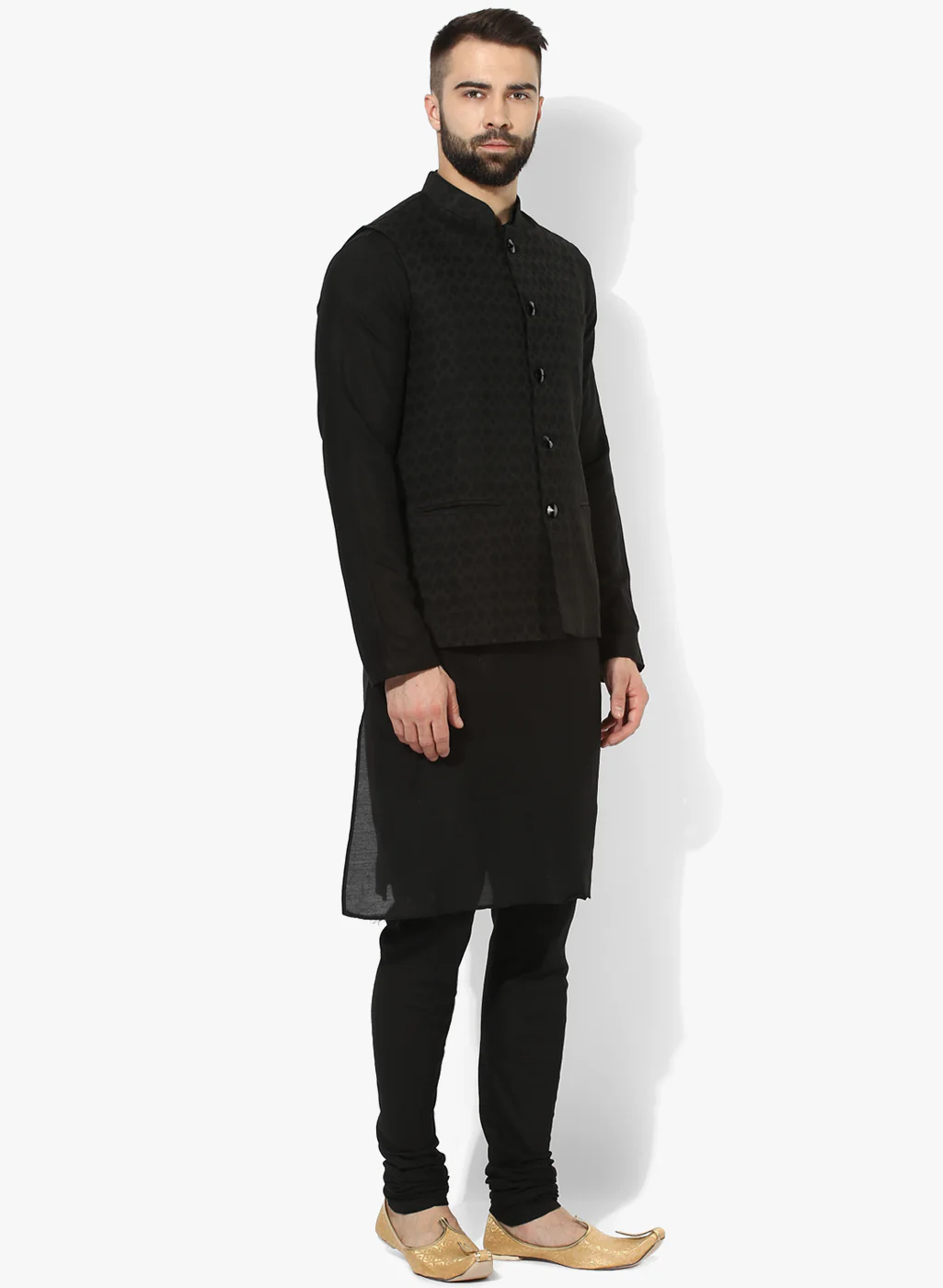 Men Black Textured Kurta Jacket Churidar Set - Image 3