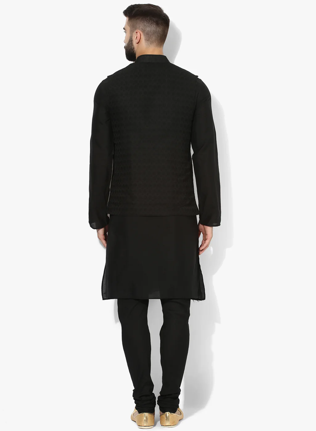 Men Black Textured Kurta Jacket Churidar Set - Image 4