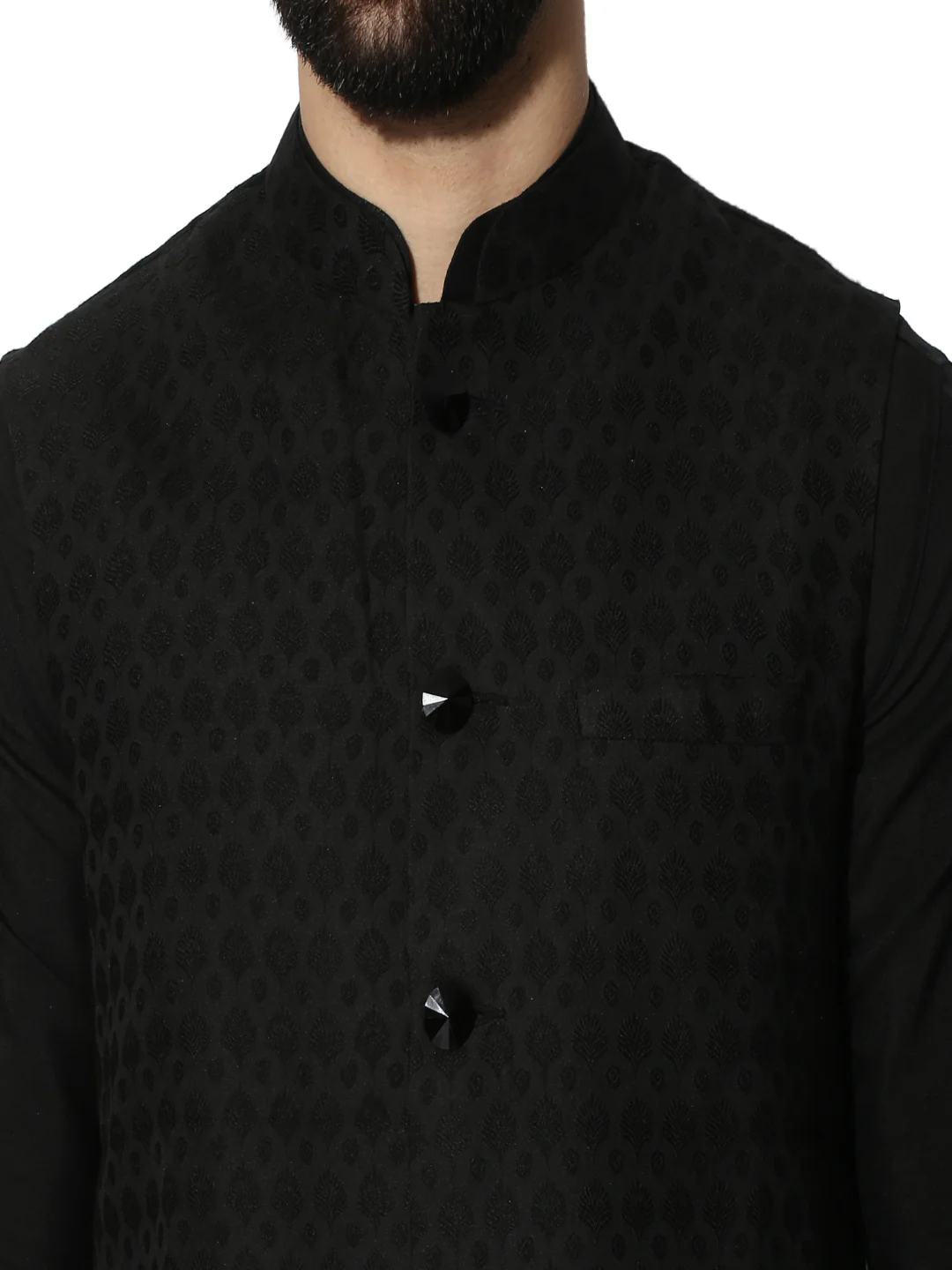 Men Black Textured Kurta Jacket Churidar Set - Image 5