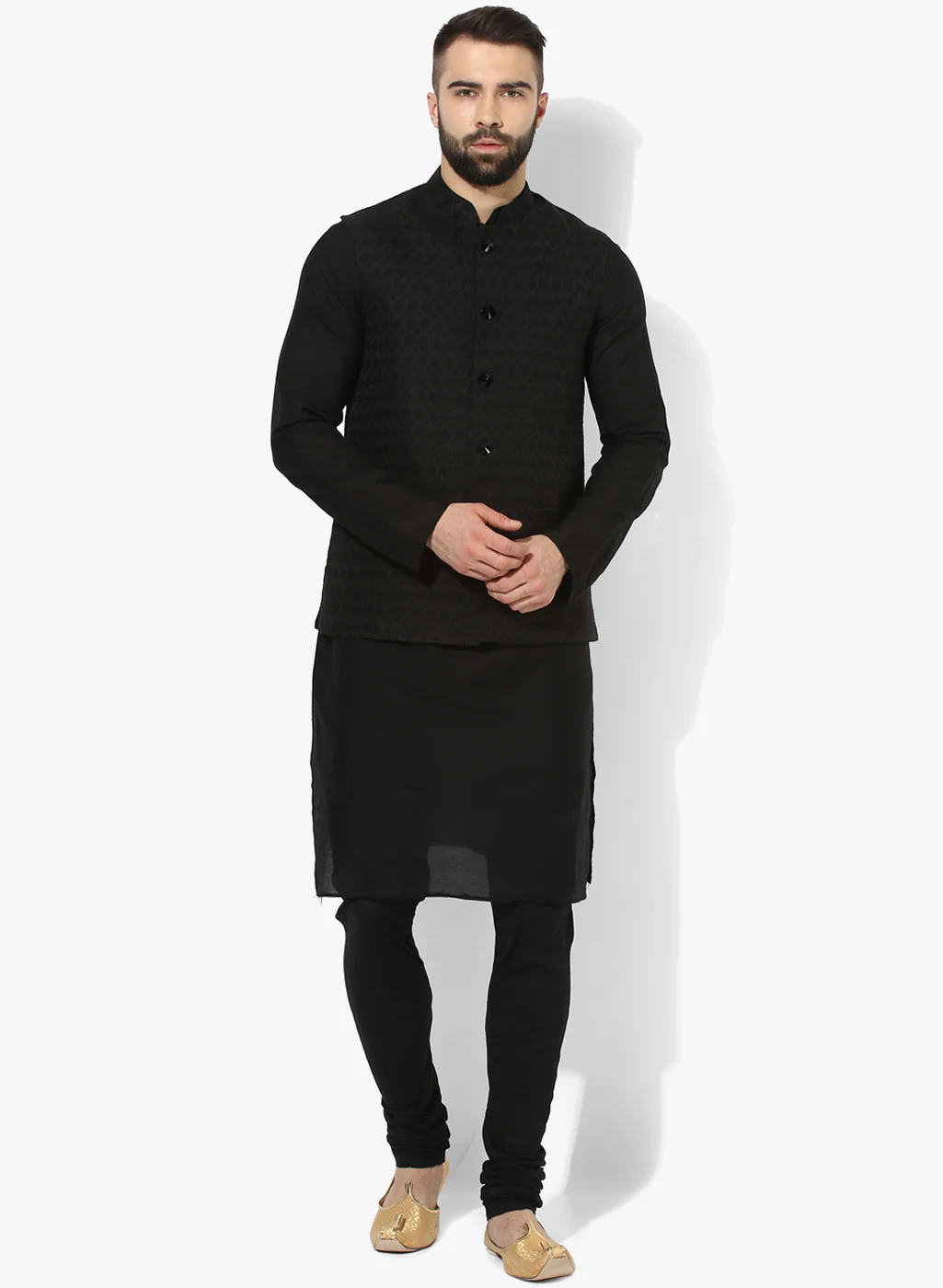 Men Black Textured Kurta Jacket Churidar Set - Image 7