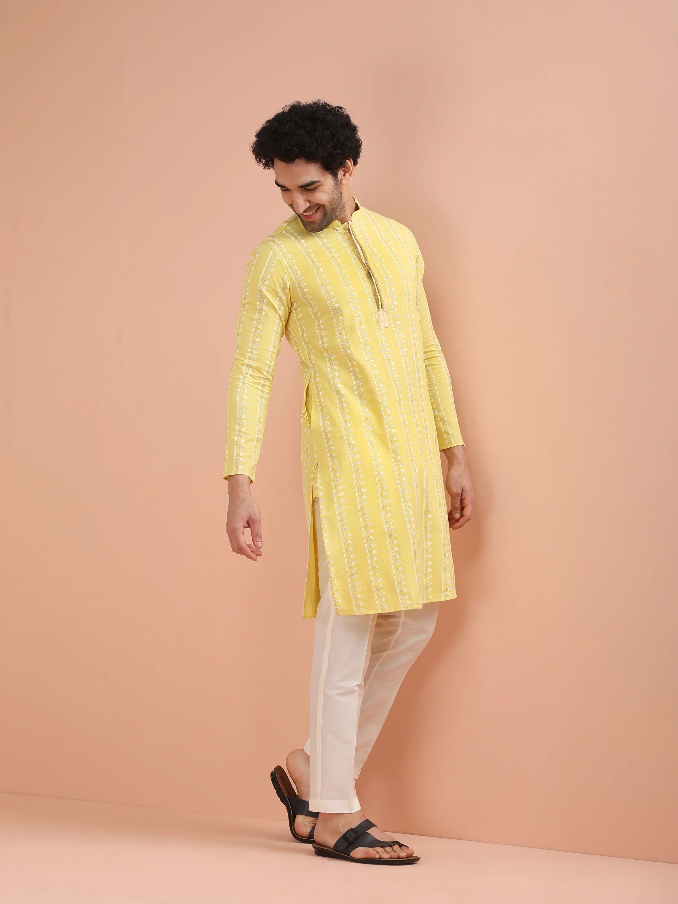 Men Yellow Printed Kurta Trouser Set with Gundi Buttons - Image 3
