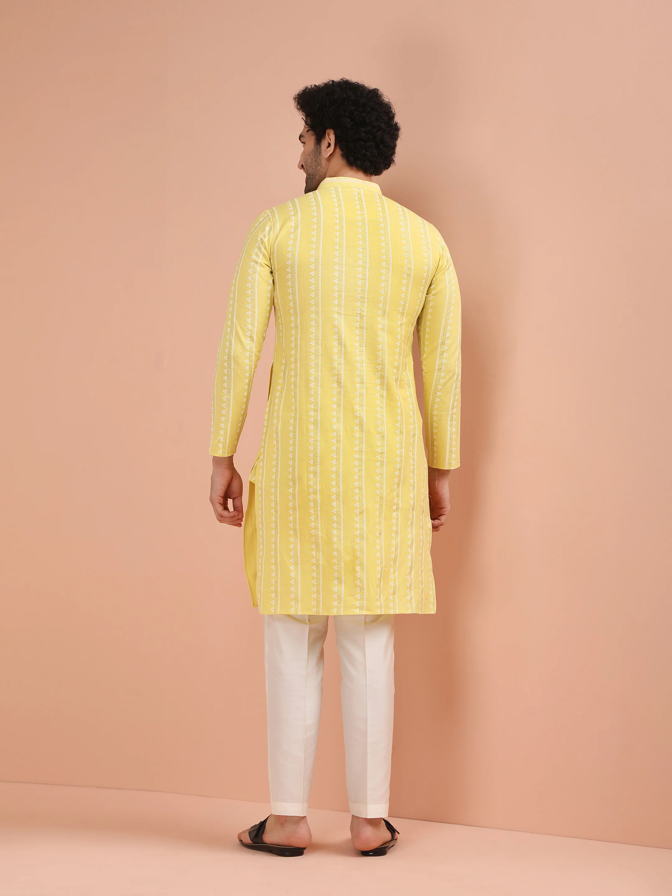 Men Yellow Printed Kurta Trouser Set with Gundi Buttons - Image 4