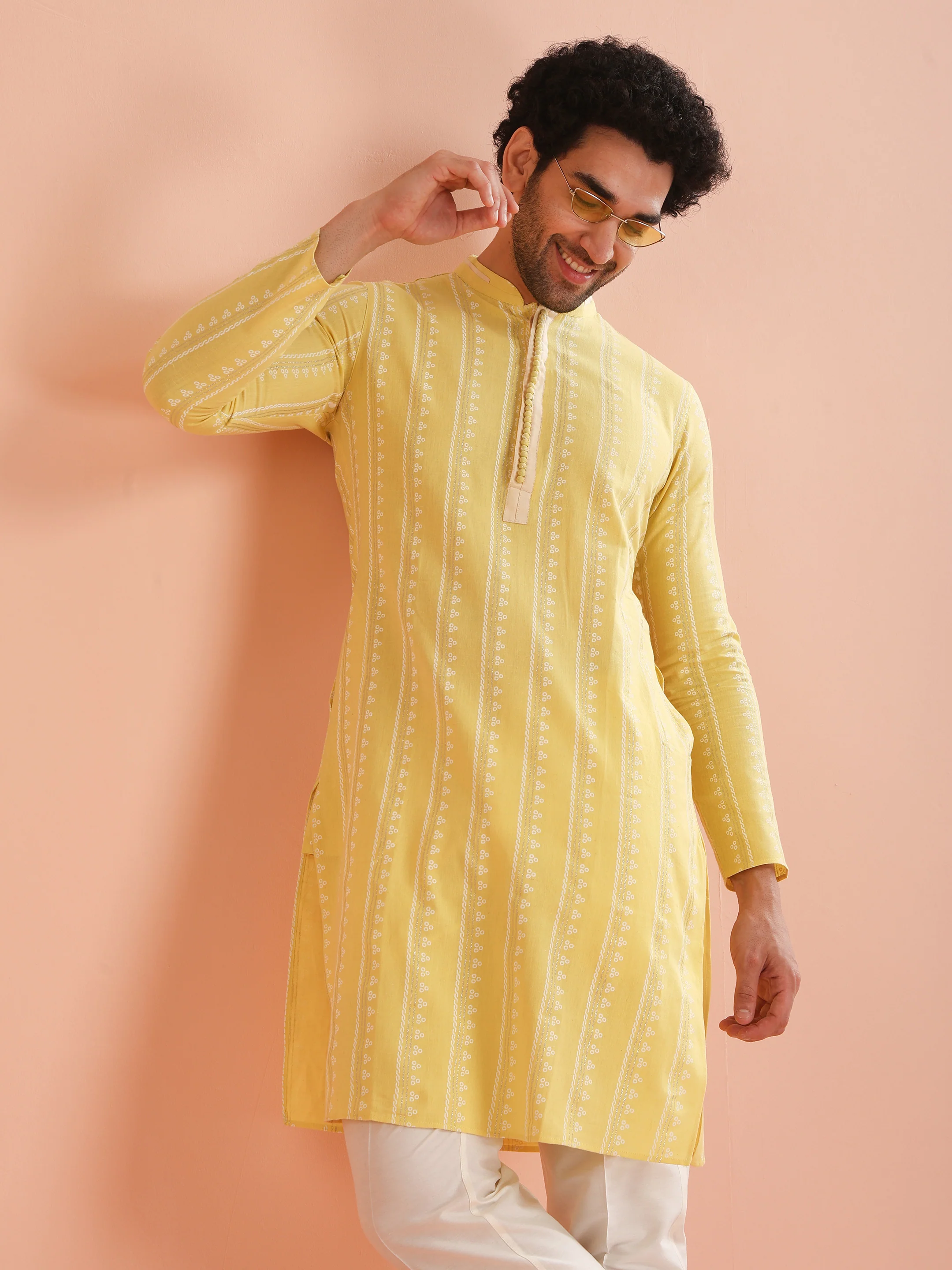 Men Yellow Printed Kurta Trouser Set with Gundi Buttons - Image 7