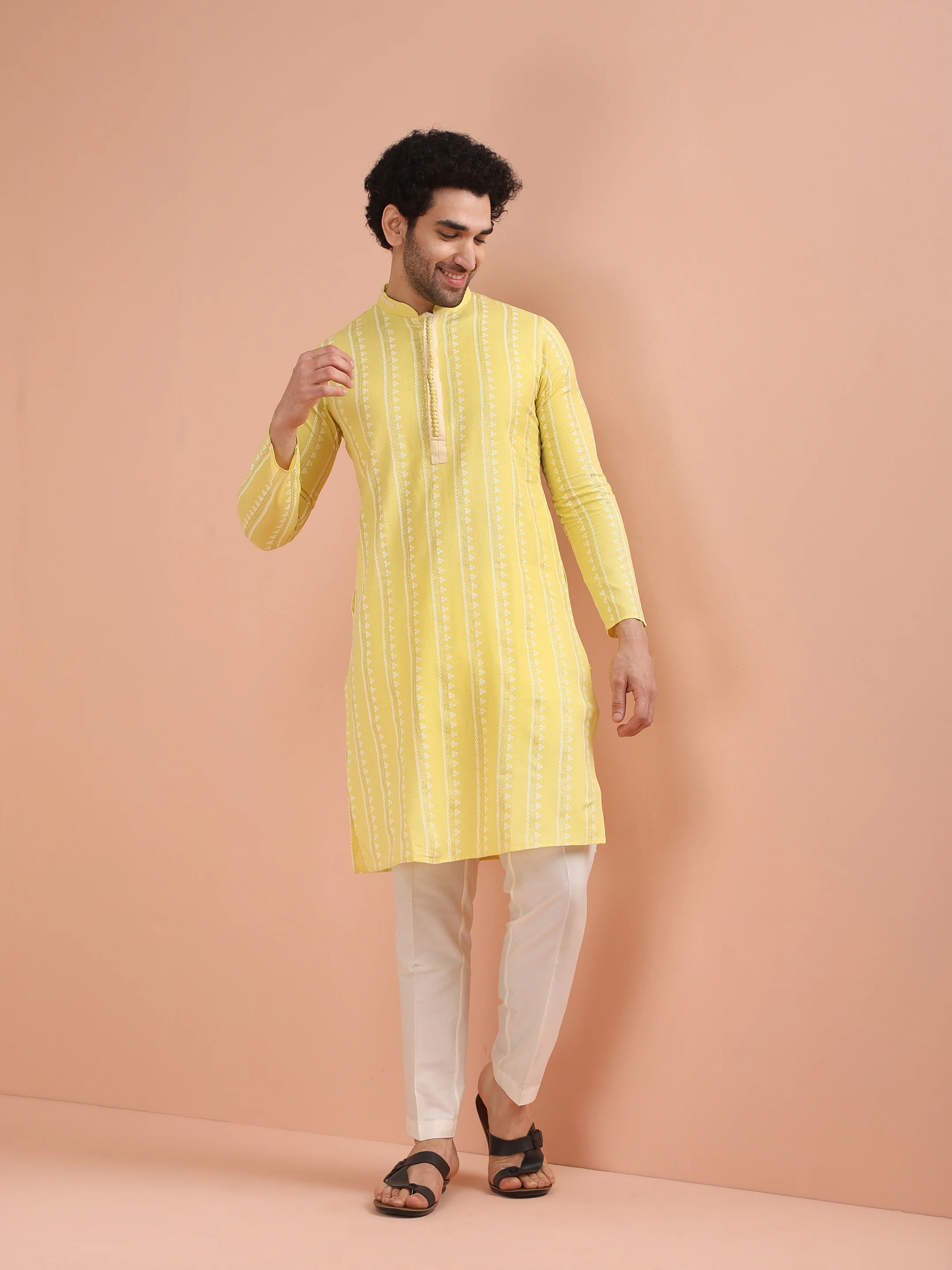 Men Yellow Printed Kurta Trouser Set with Gundi Buttons - Image 8