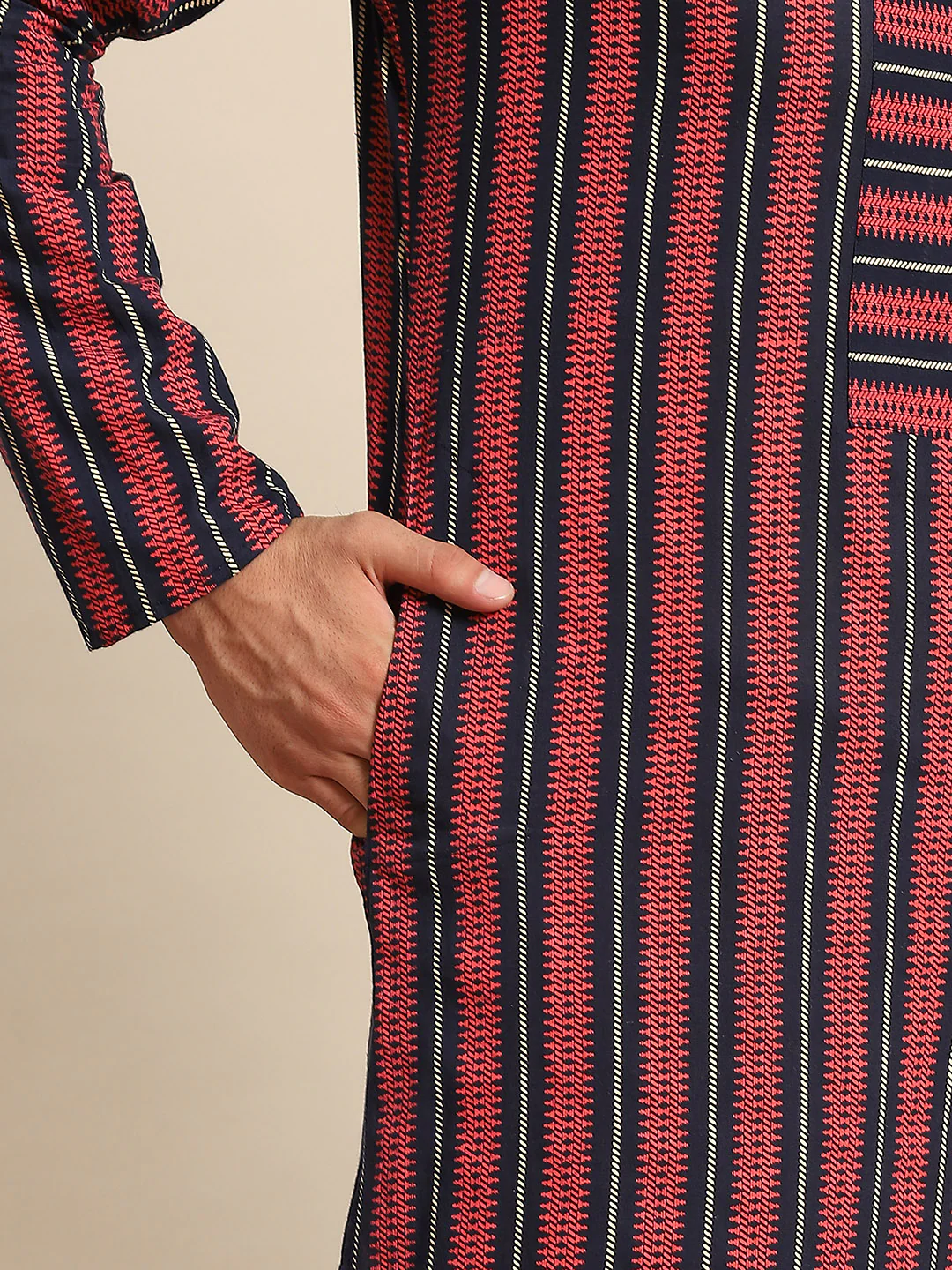 Men Red Ethnic Motifs Kurta - Image 4