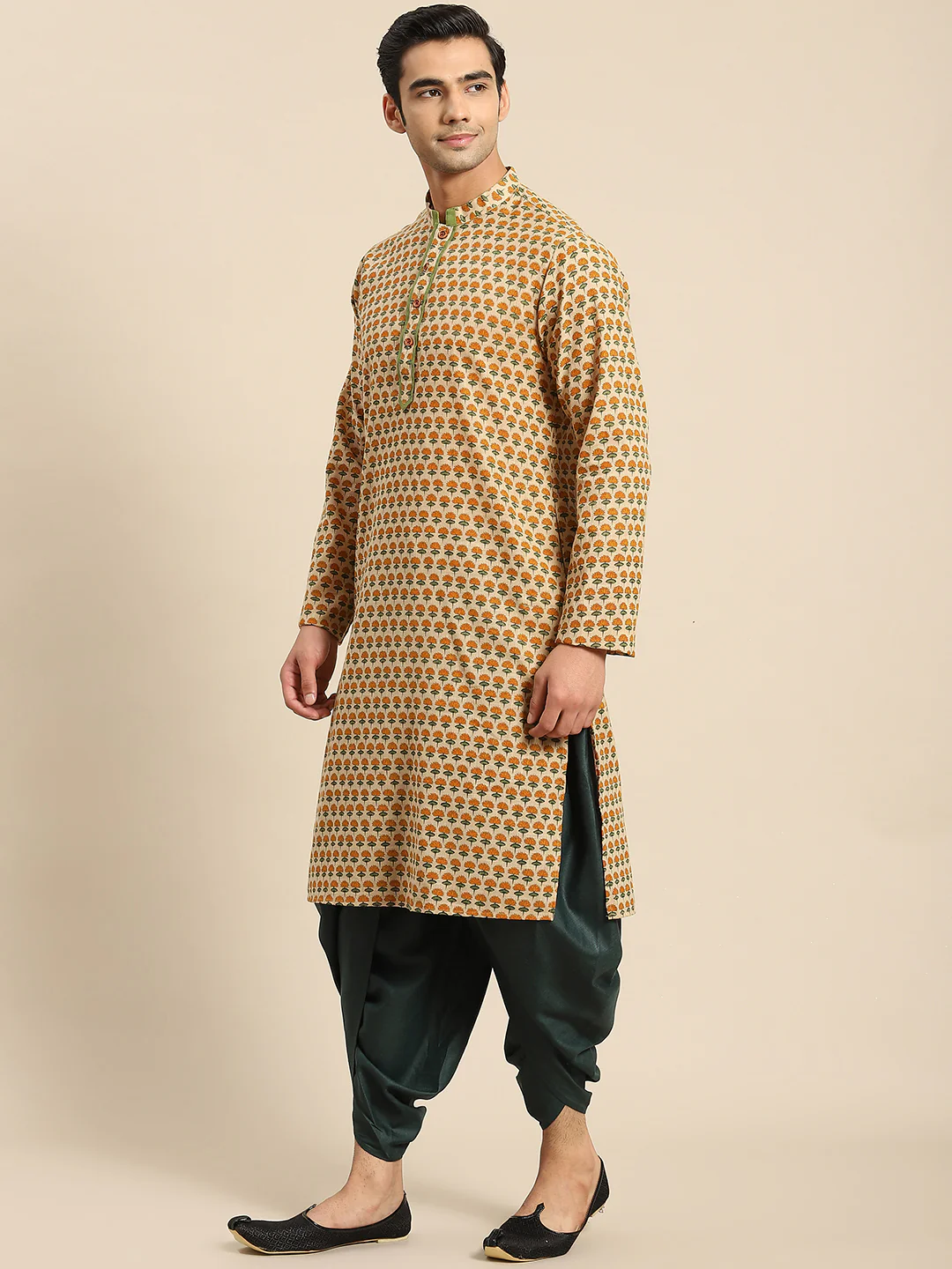 Men Yellow Floral Kurta - Image 2