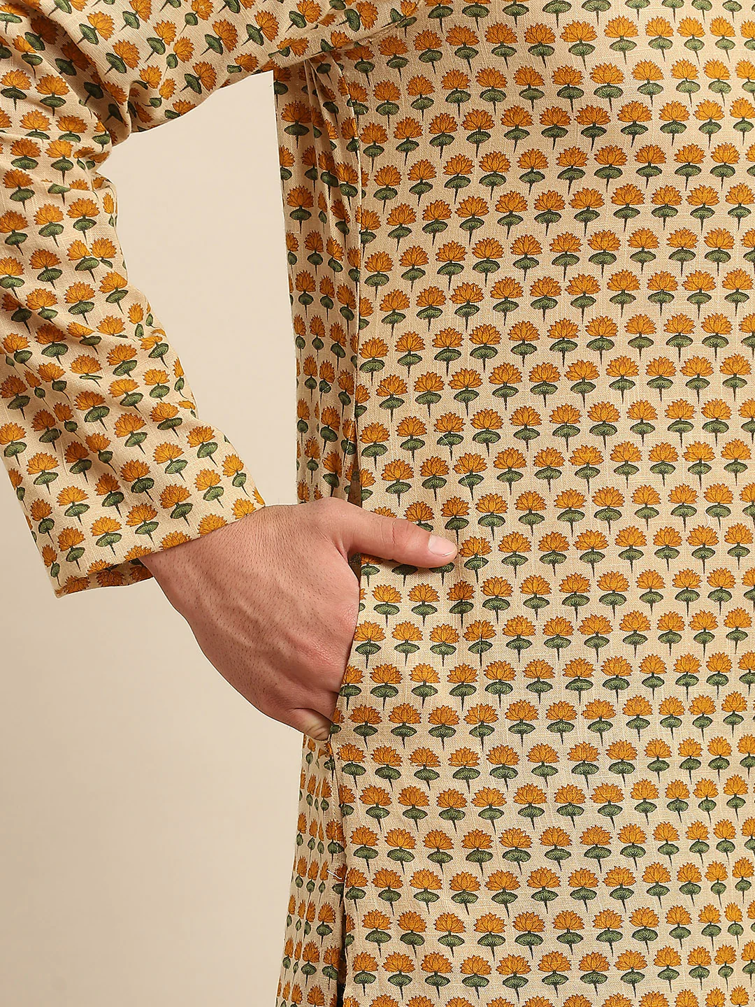 Men Yellow Floral Kurta - Image 4