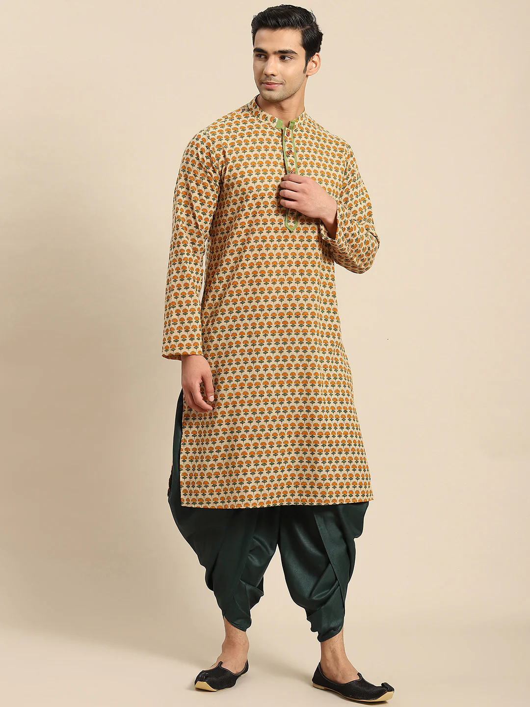 Men Yellow Floral Kurta - Image 6