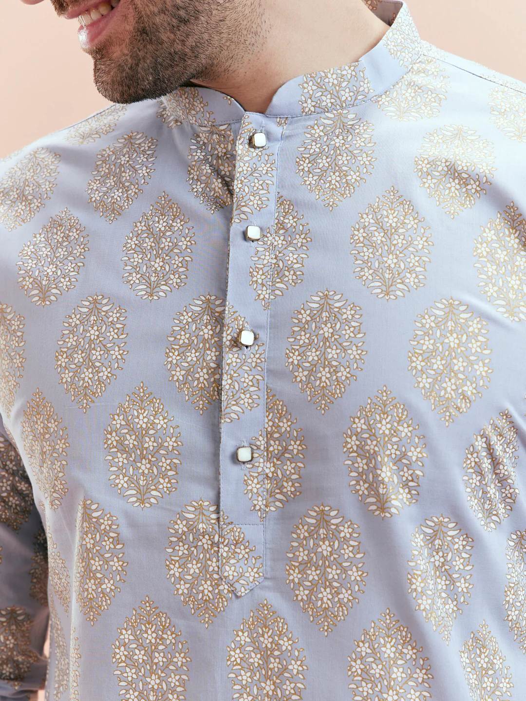 Light Blue Gold Motif Silk Blend Kurta - Image 2