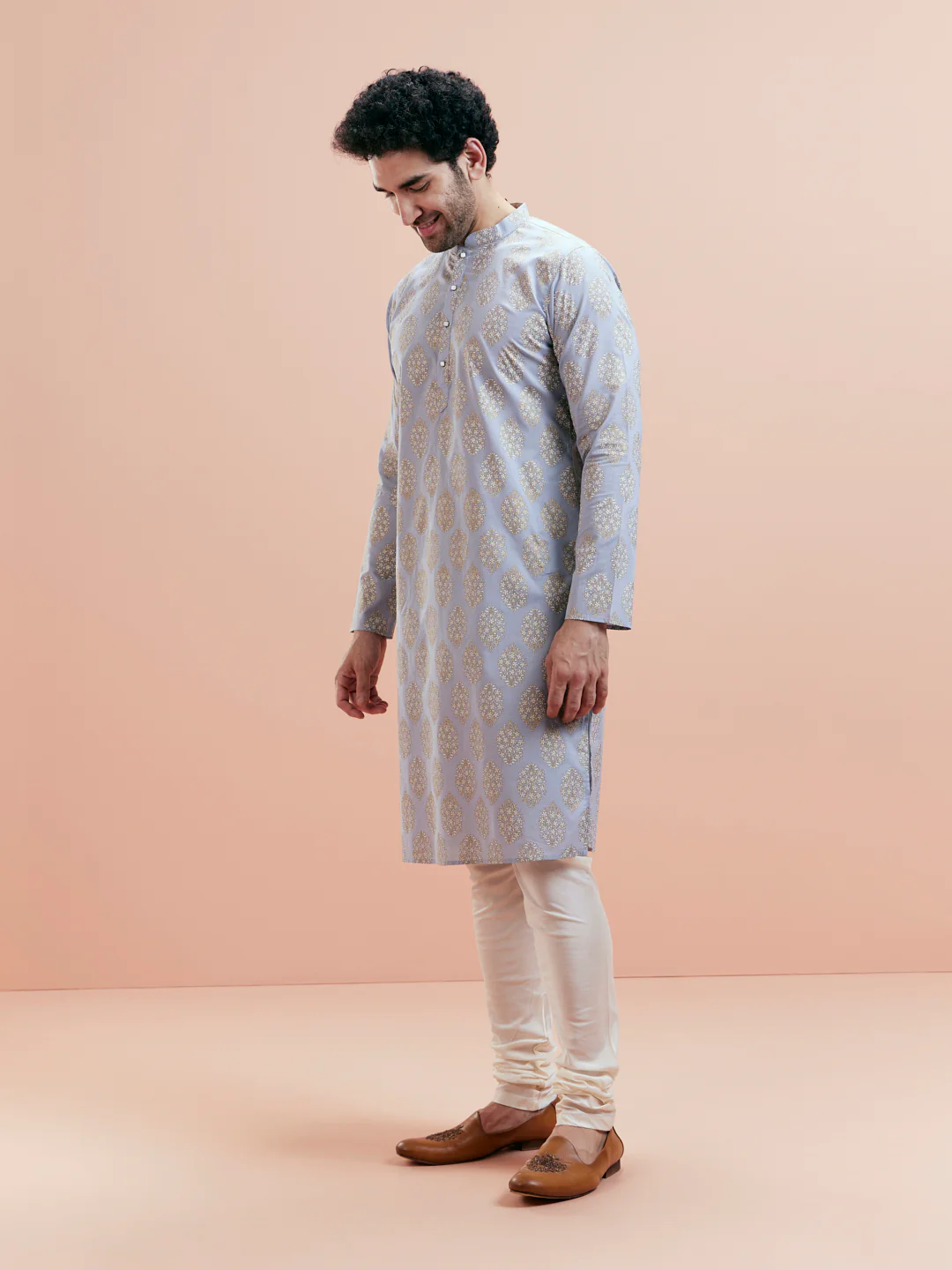 Light Blue Gold Motif Silk Blend Kurta - Image 4