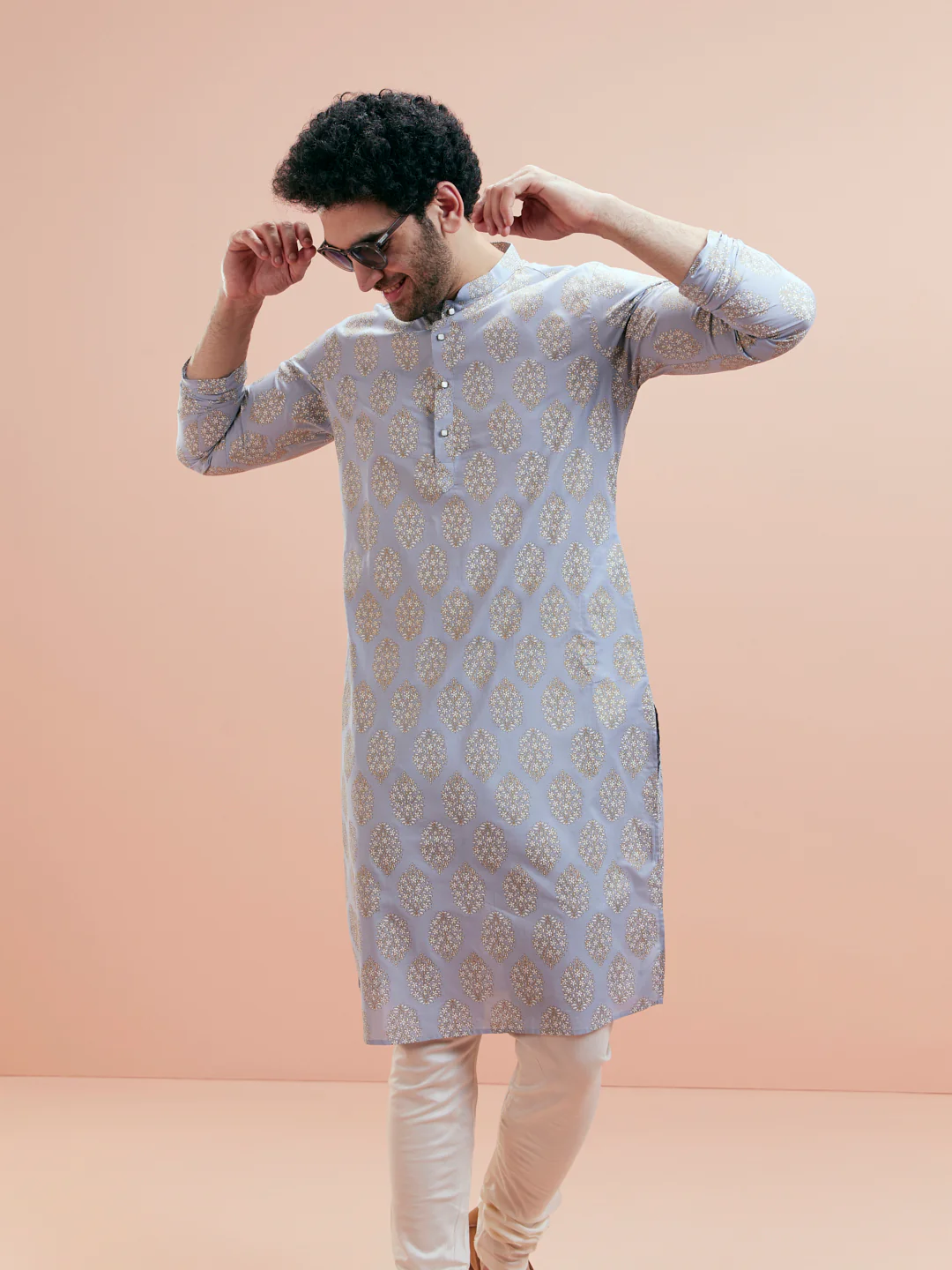 Light Blue Gold Motif Silk Blend Kurta - Image 6